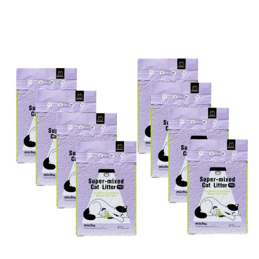 A bulk supply of eight bags of Michu Super-Mixed Tofu Cat Litter Pro Gen2, the ultimate heavy-duty and cost-effective choice for keeping a pristine, odor-free home with multiple cats.