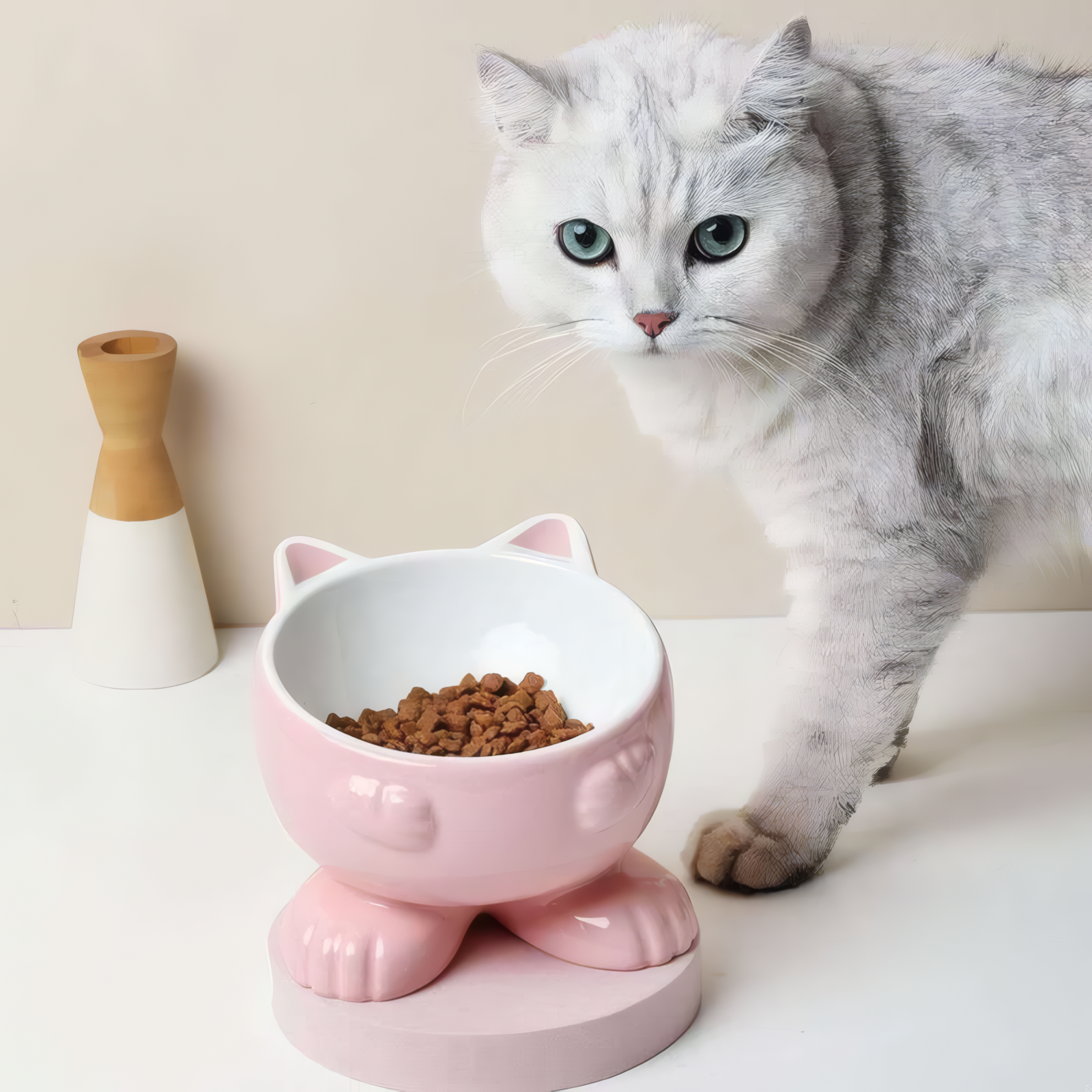 Cat with a pink cat-shaped bowl on a white surface