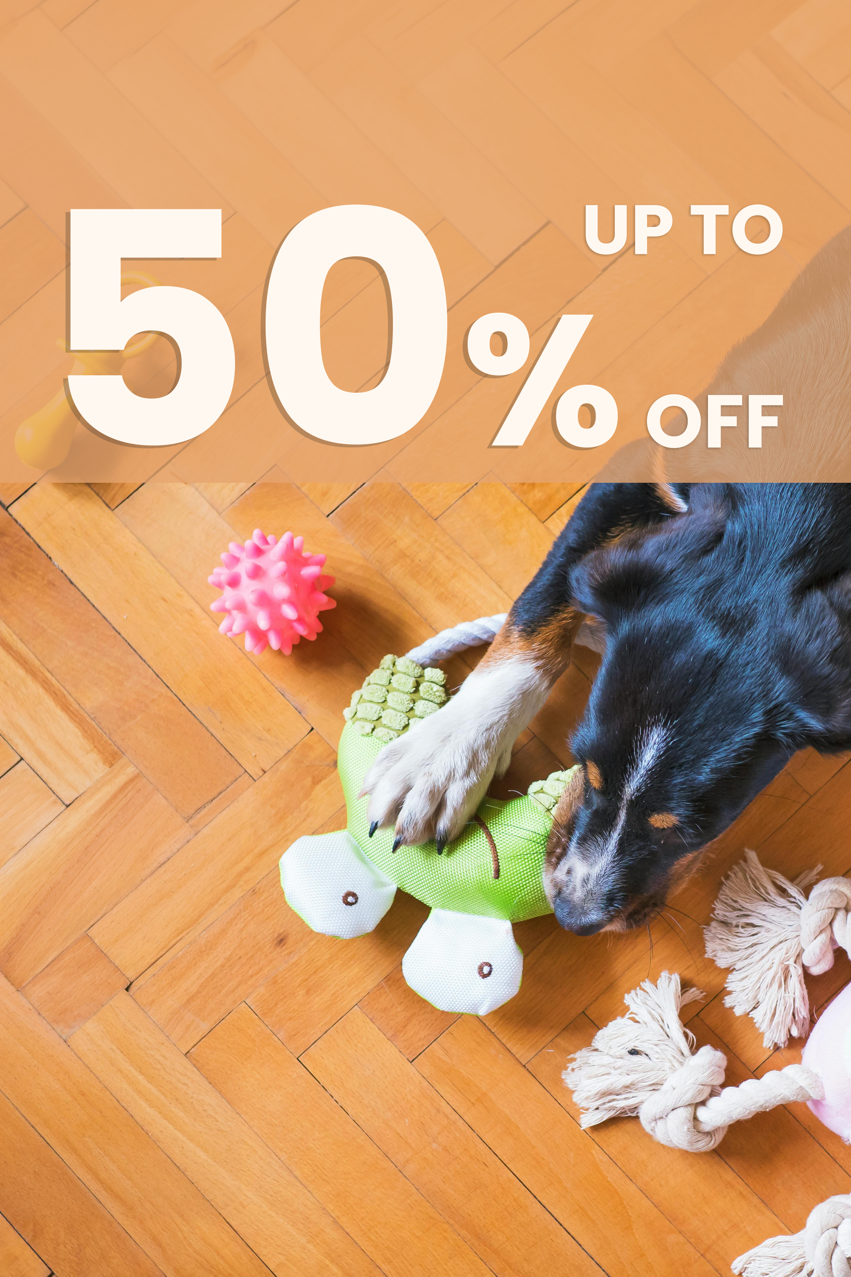Dog playing with a toy on a wooden floor with promotional text overlay.