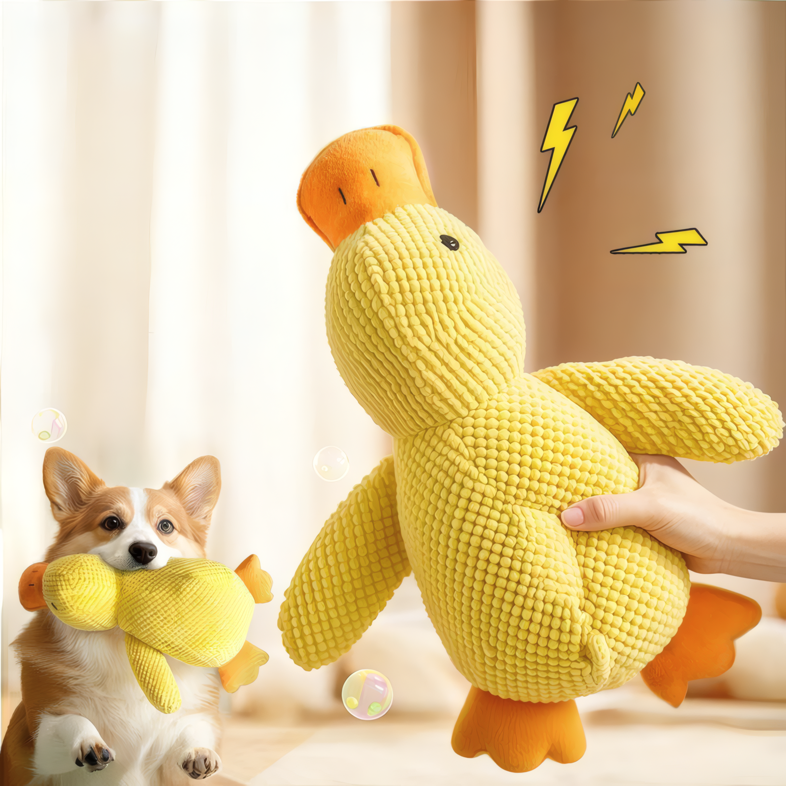 Dog playing with a yellow plush toy, with a person holding another similar toy.