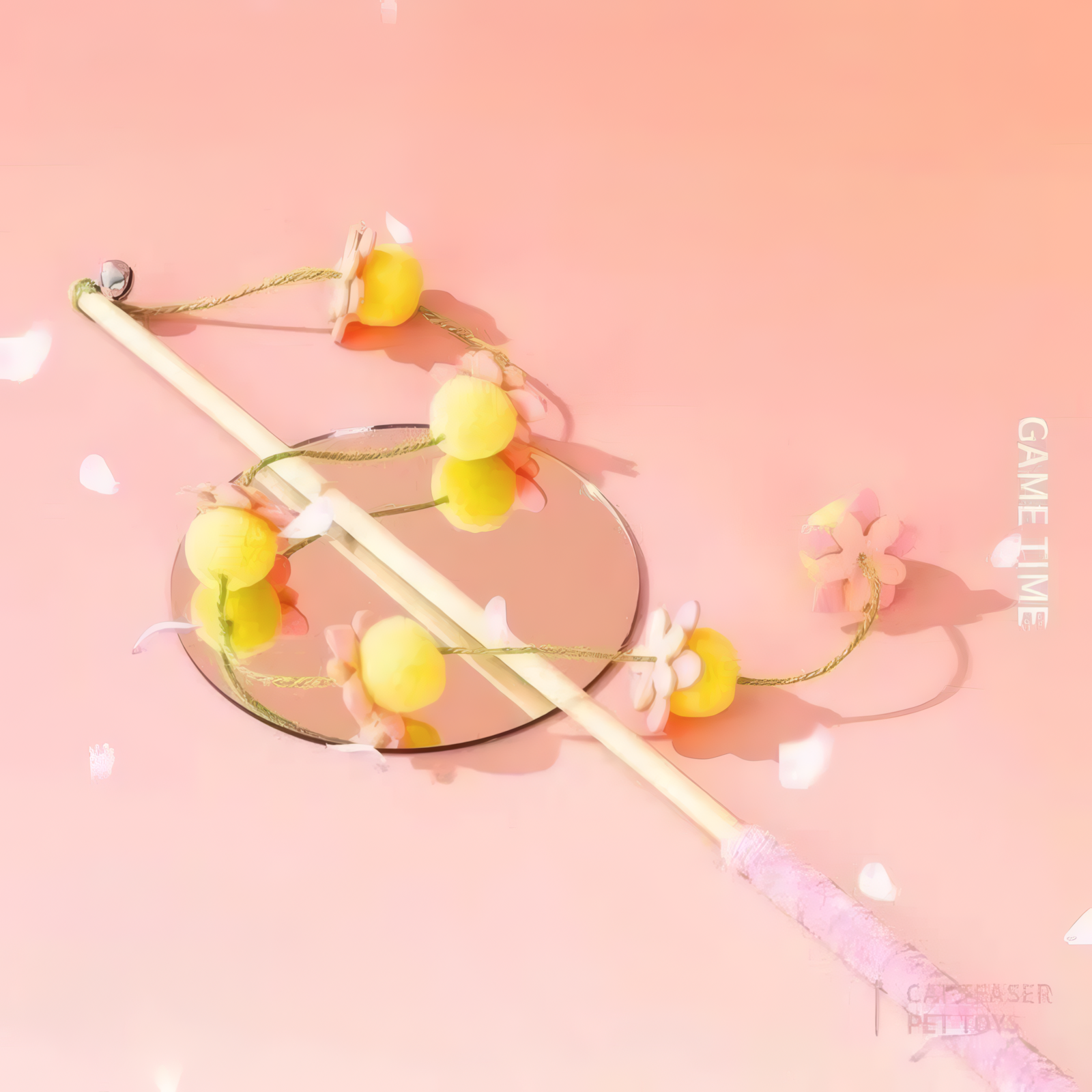 Pink Peach Blossom style pure wool cat teaser stick on a reflective surface.