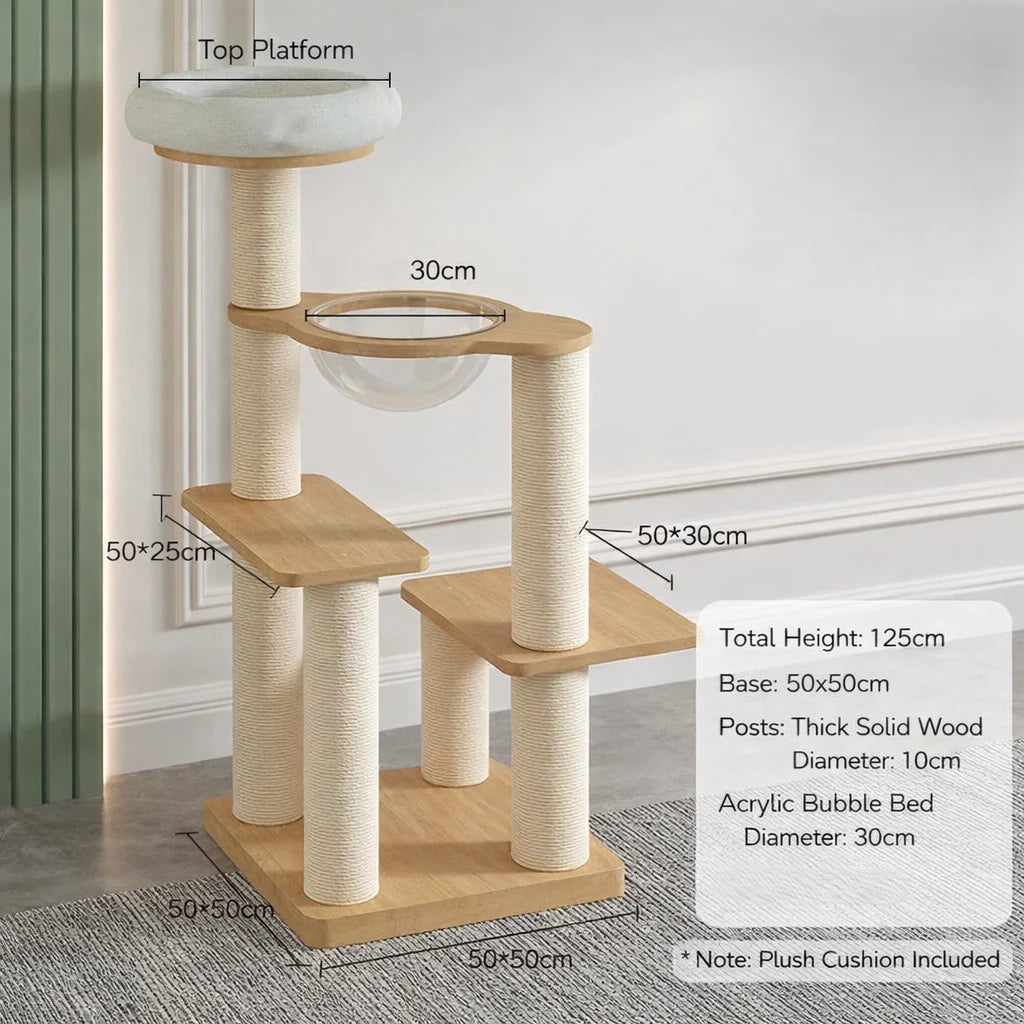 Cat tree with measurements and specifications on a neutral background