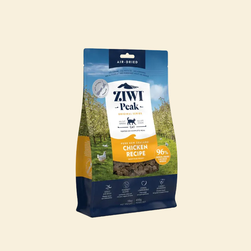 Zawi Peak chicken recipe pet food package on a white background