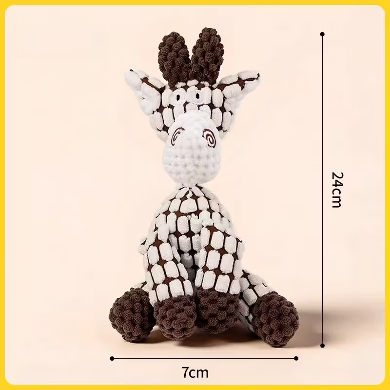 Product size guide for the beige goat Bubble Farm plush dog toy, showing a total height of 24cm and a width of 7cm. Features the textured bubble plush and interactive cotton rope neck design.