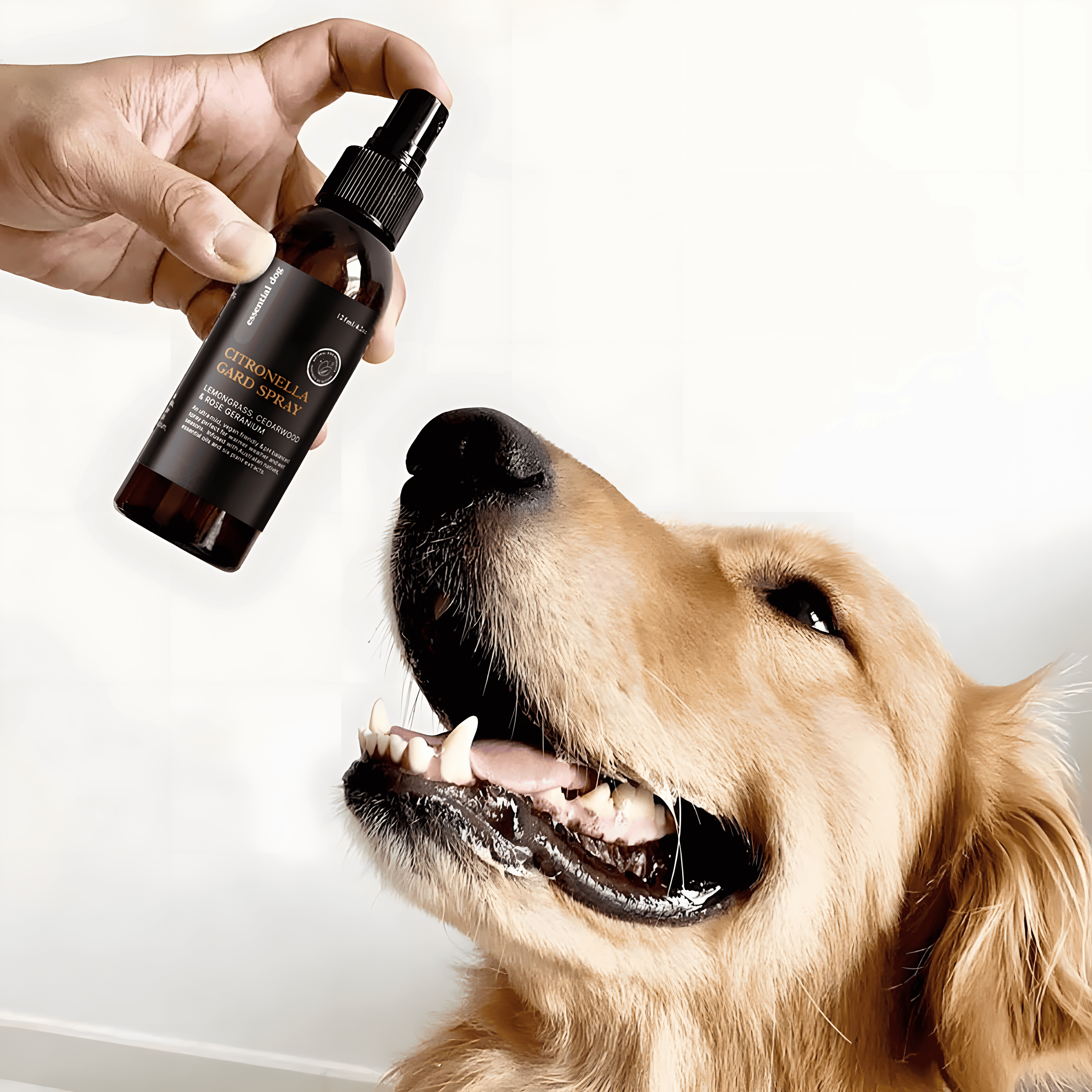 A Golden Retriever looking at the Essential Dog Citronella Spray. The perfect &