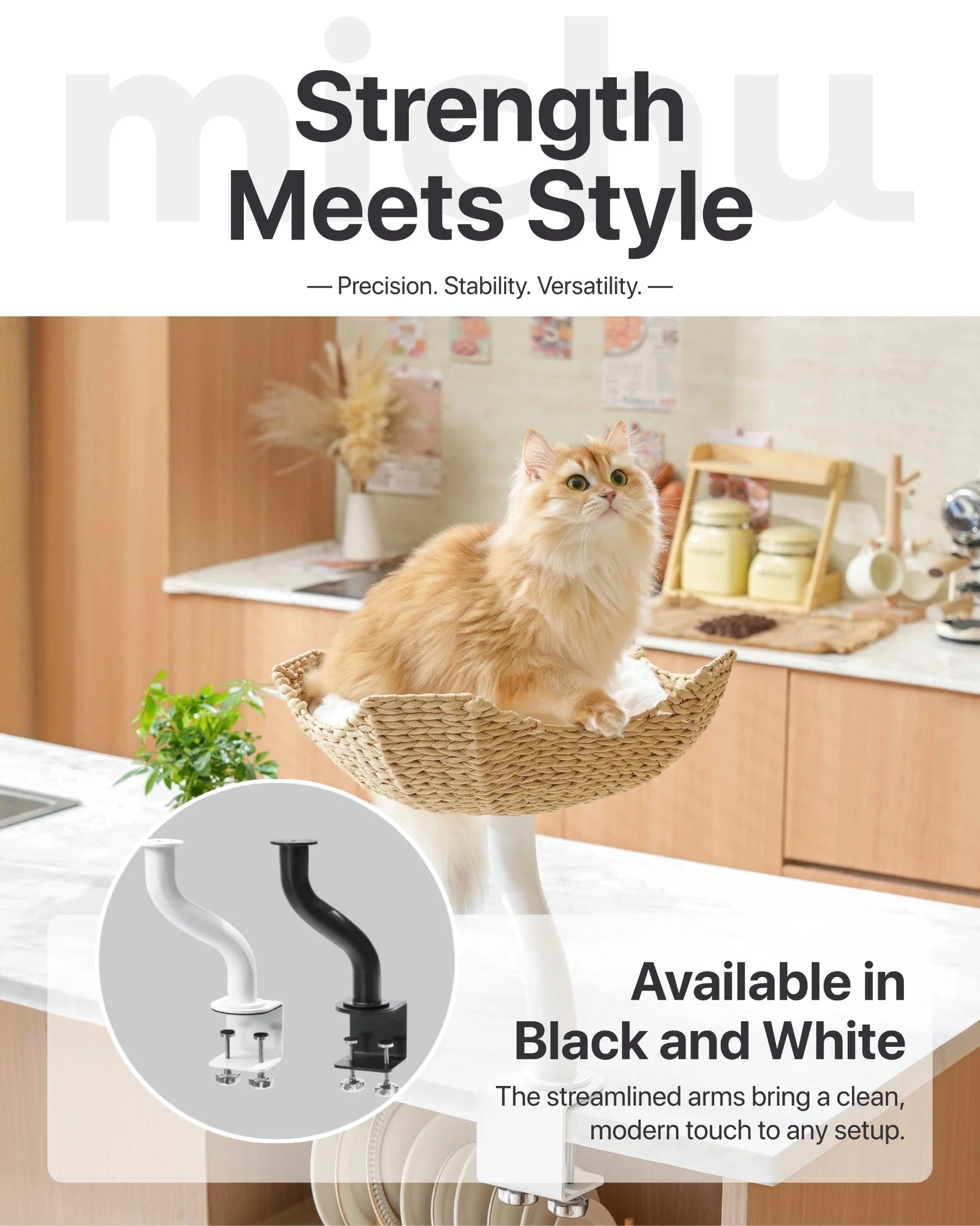 A golden cat in the DeskMate perch placed on a kitchen island. An inset graphic shows the streamlined mounting arms available in both black and white finishes.