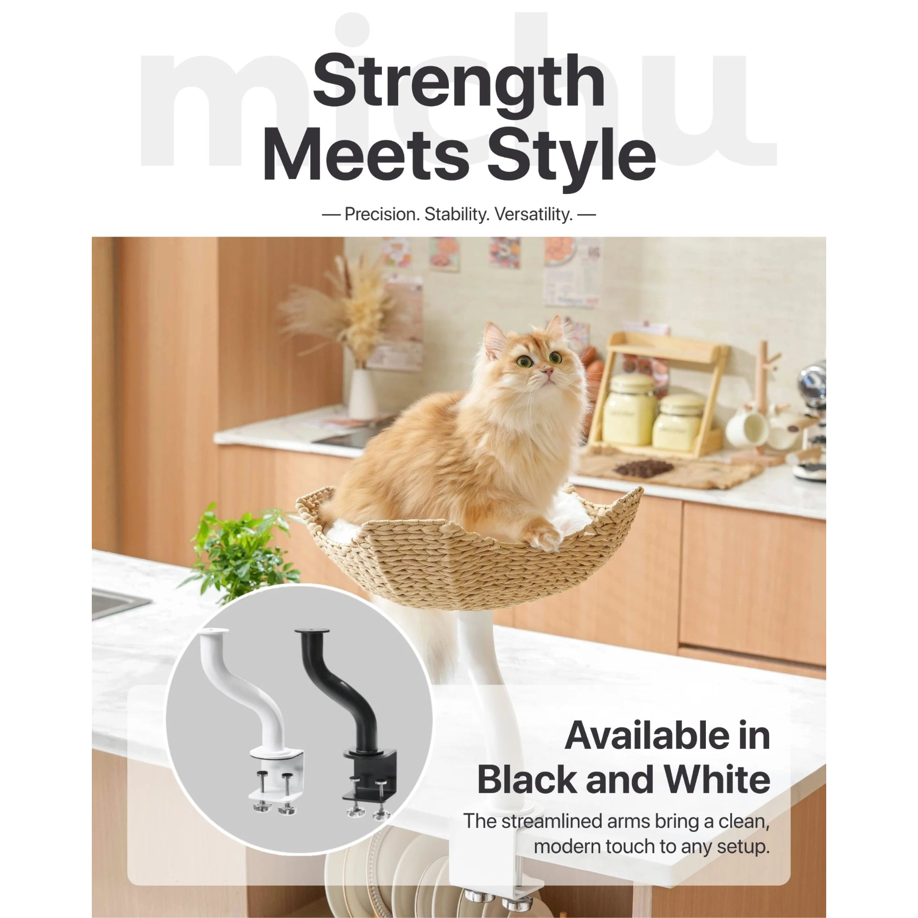 A golden cat in the DeskMate perch placed on a kitchen island. An inset graphic shows the streamlined mounting arms available in both black and white finishes.