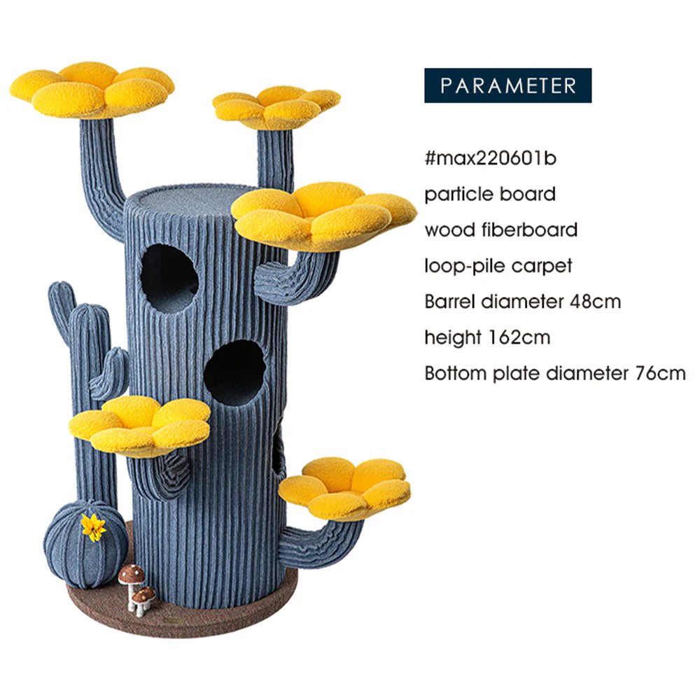 Parameter details for the blue HONEYPOTCAT Luxe Cactus cat tree, highlighting its durable loop-pile carpet, high-quality particle board, and wood fiberboard construction.