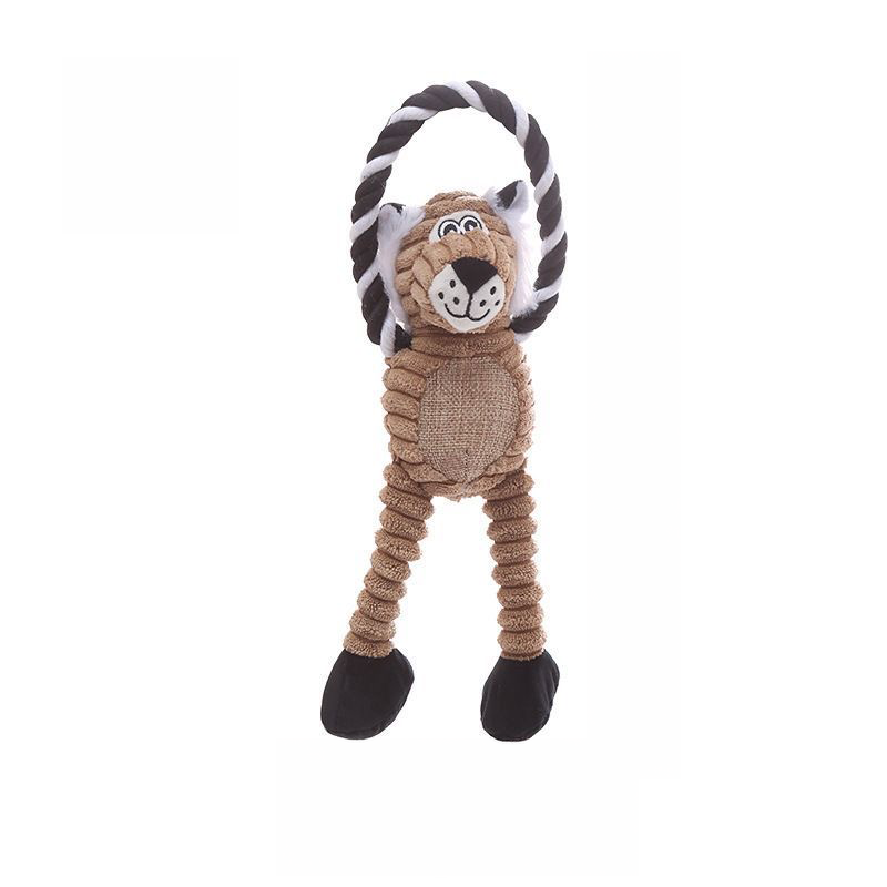 Full view of the Brave Lion Corduroy Animal Plush Toy, featuring a black and white cotton rope handle and adorable embroidered face details.