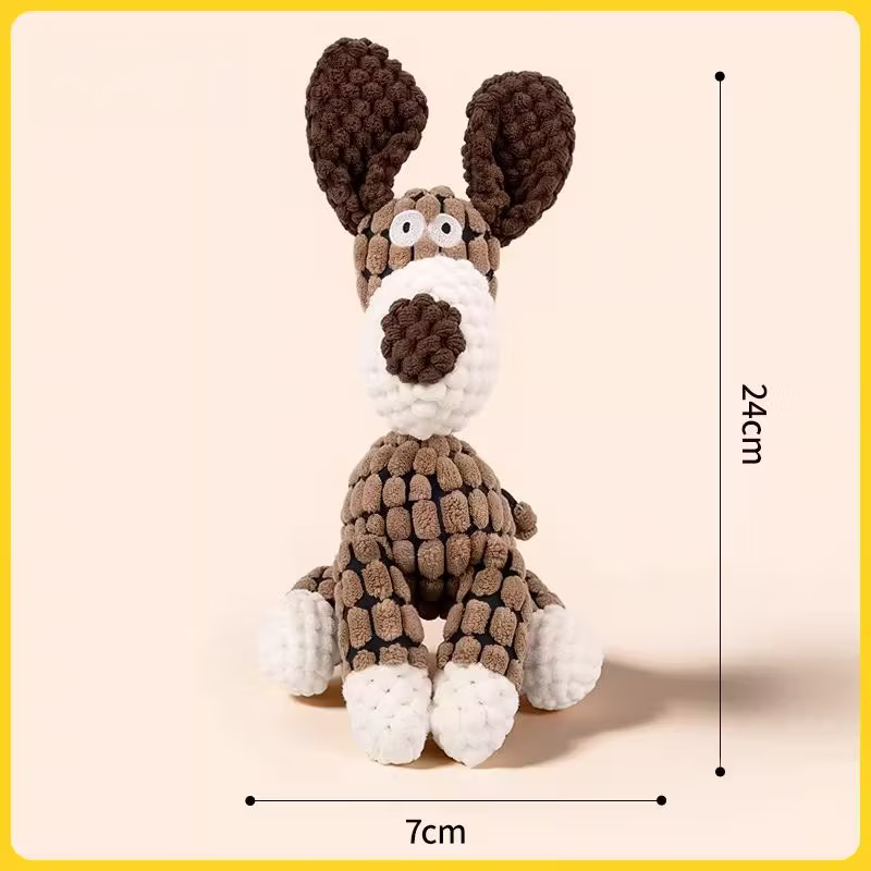 Product size guide for the brown dog Bubble Farm plush toy, indicating a total height of 24cm and a width of 7cm. Perfect for small to medium dogs.