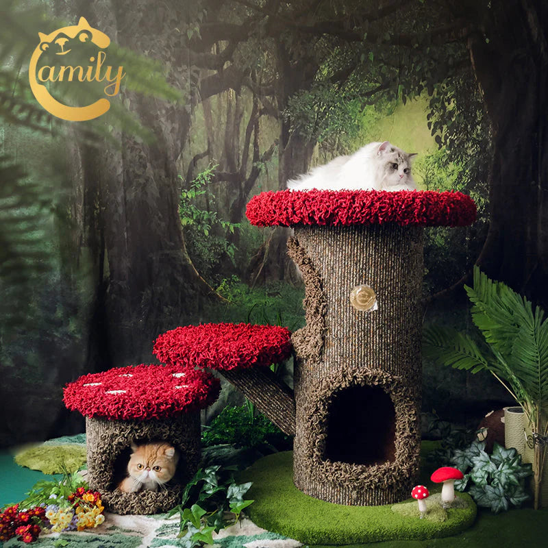 Two cats exploring the Camily Mushroom Cat Climbing Tree in a lush forest setting. One cat rests on the large red top platform while another peeks out from the cozy tree hollow hideaway.