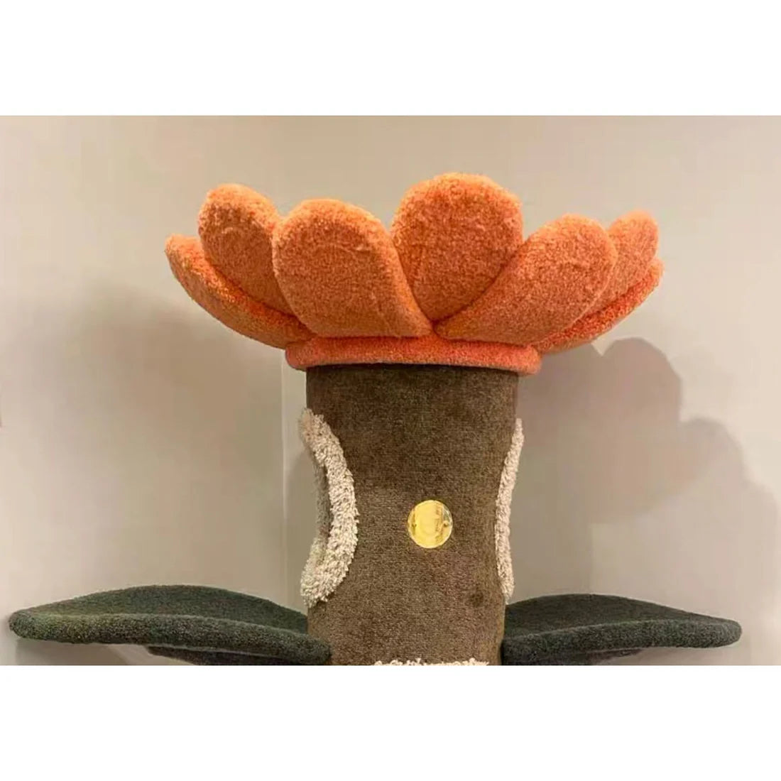 Full view of the Camily Sunflower Cat Tree in an orange/pink floral variant on a white background.