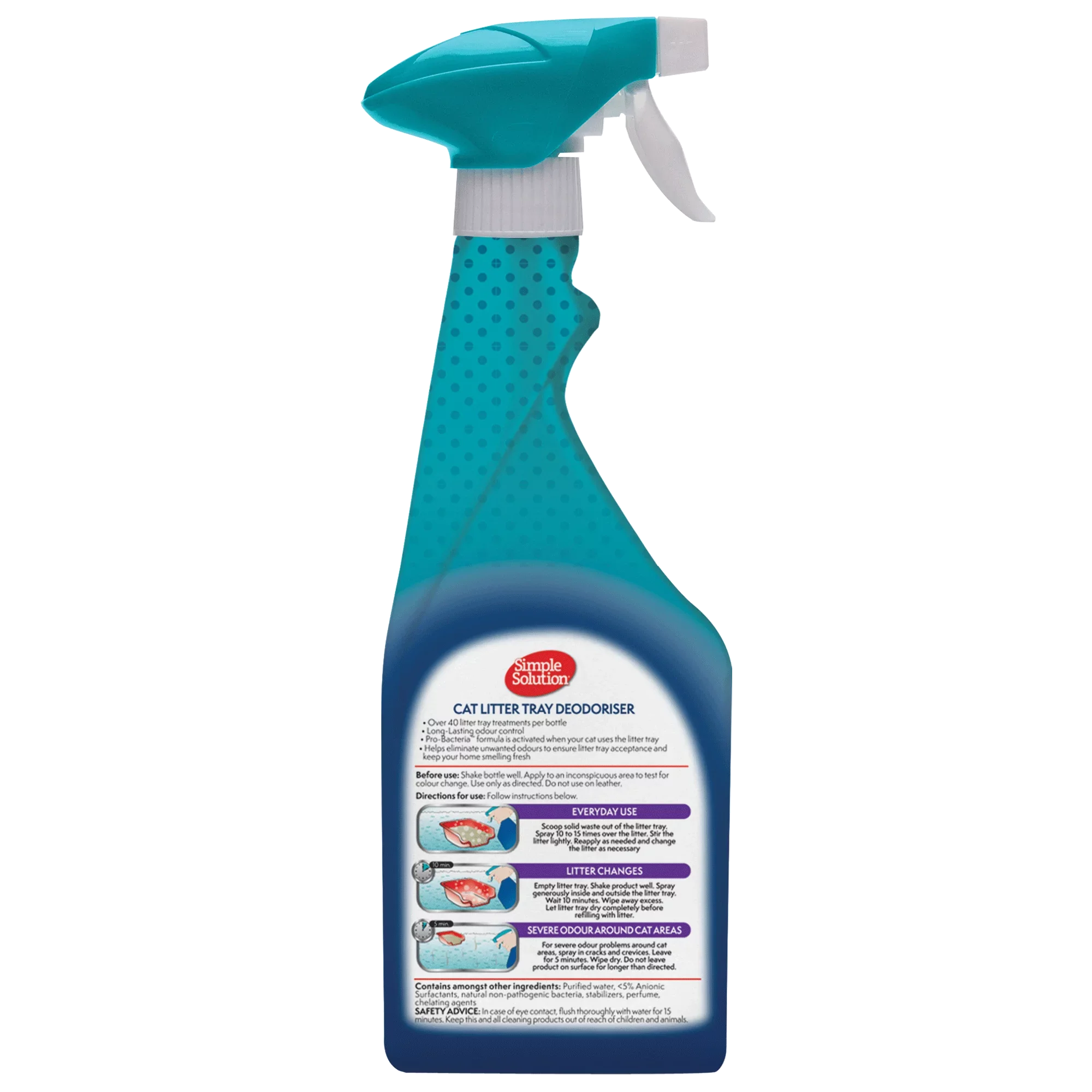 Close-up of the back panel instructions for the Simple Solution Cat Litter Tray Deodoriser, detailing the Pro-Bacteria formula that provides over 40 treatments and step-by-step guides for everyday use and severe odours.