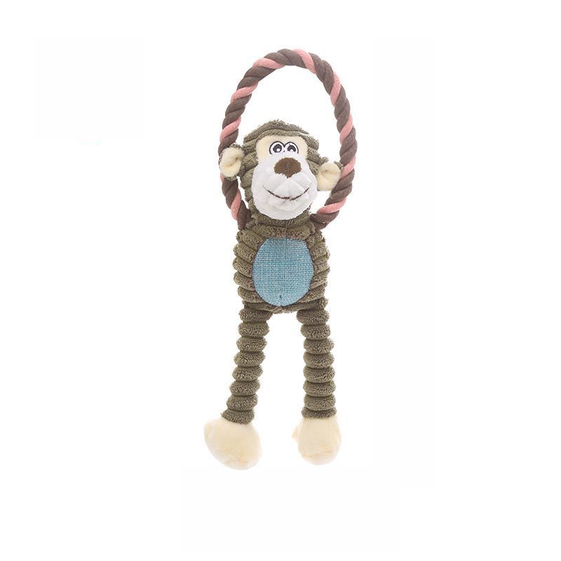 Full view of the Cheeky Monkey Corduroy Animal Plush Toy on a clean white background, showing its pink and brown cotton rope loop and blue belly patch.