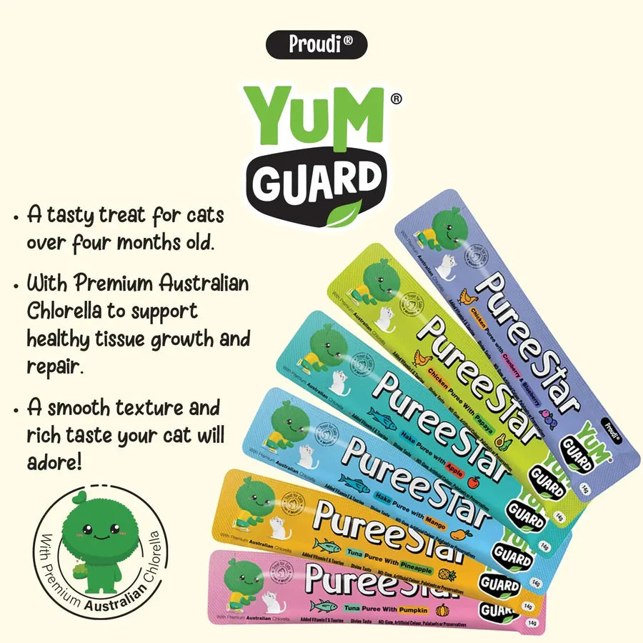 Infographic for YumGuard Puree Star treats highlighting Premium Australian Chlorella to support healthy tissue growth and repair. Features a smooth texture and rich taste for cats over four months old.