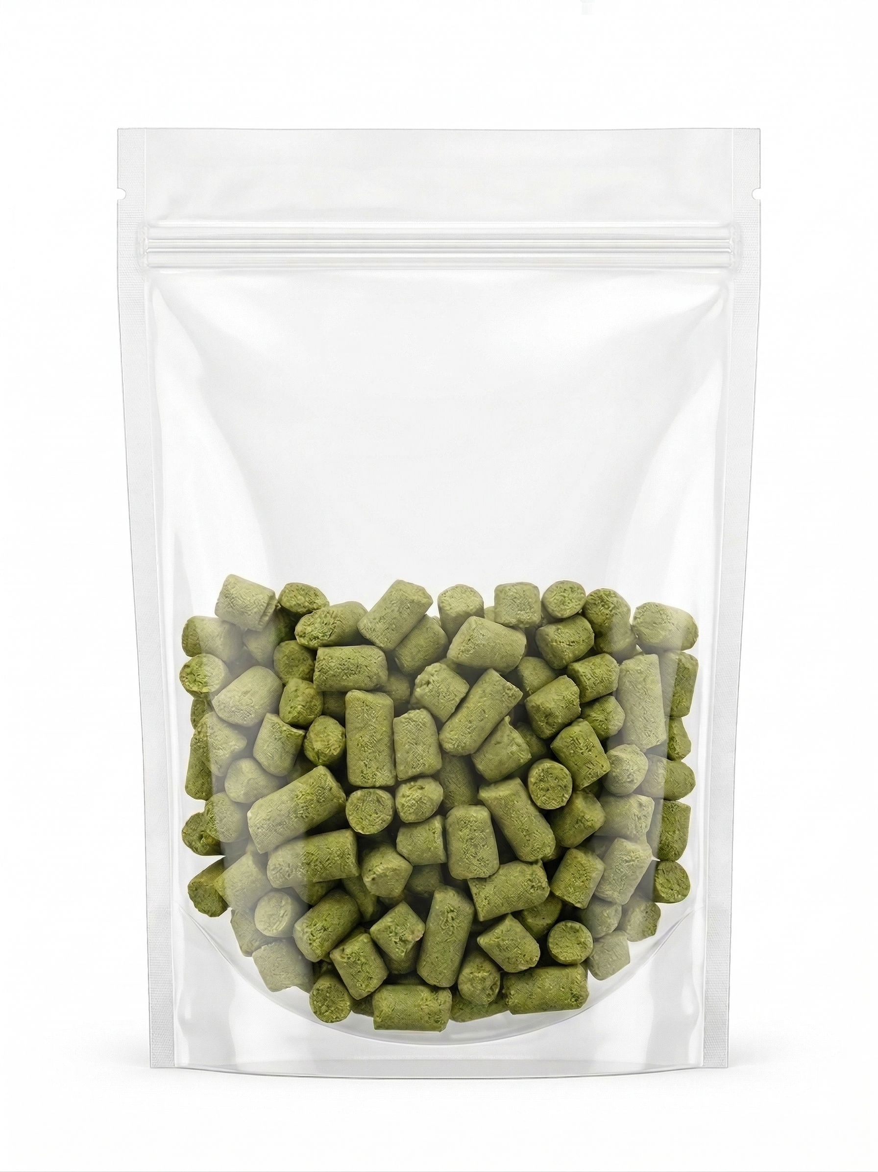 A clear, resealable pouch filled with bite-sized, green freeze-dried cat grass chunks, showcasing the convenient and mess-free hairball control treats for cats.