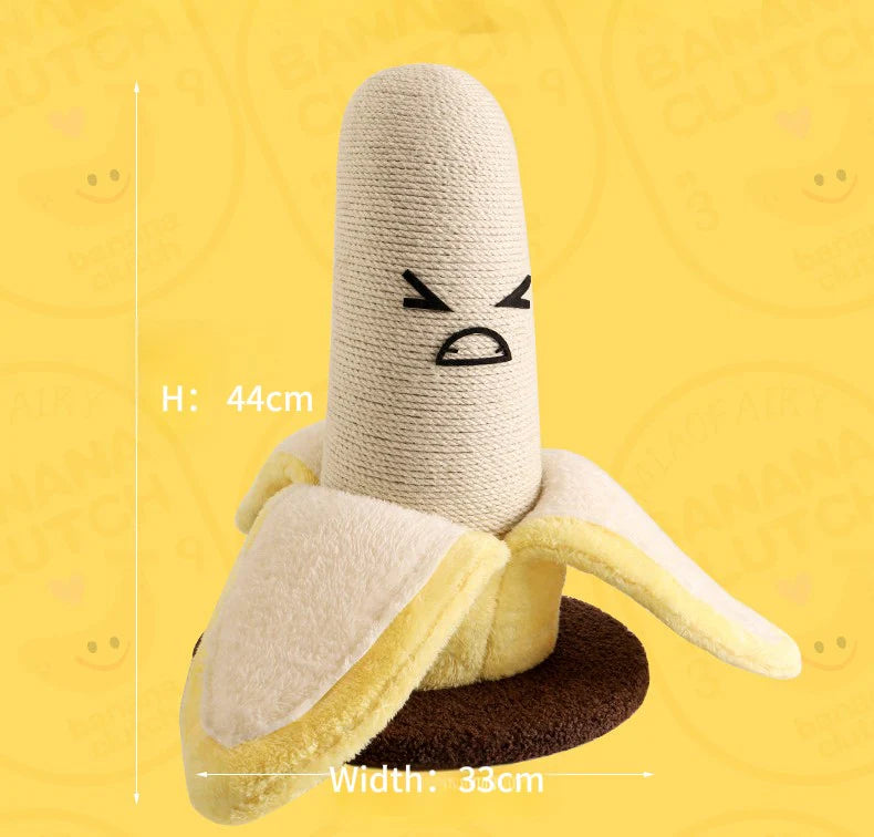 Overall dimensions of the compact Banana Cat Scratching Post, showing 44cm in height and 33cm in width, making it sturdy enough for aggressive scratchers yet perfect for small apartments.
