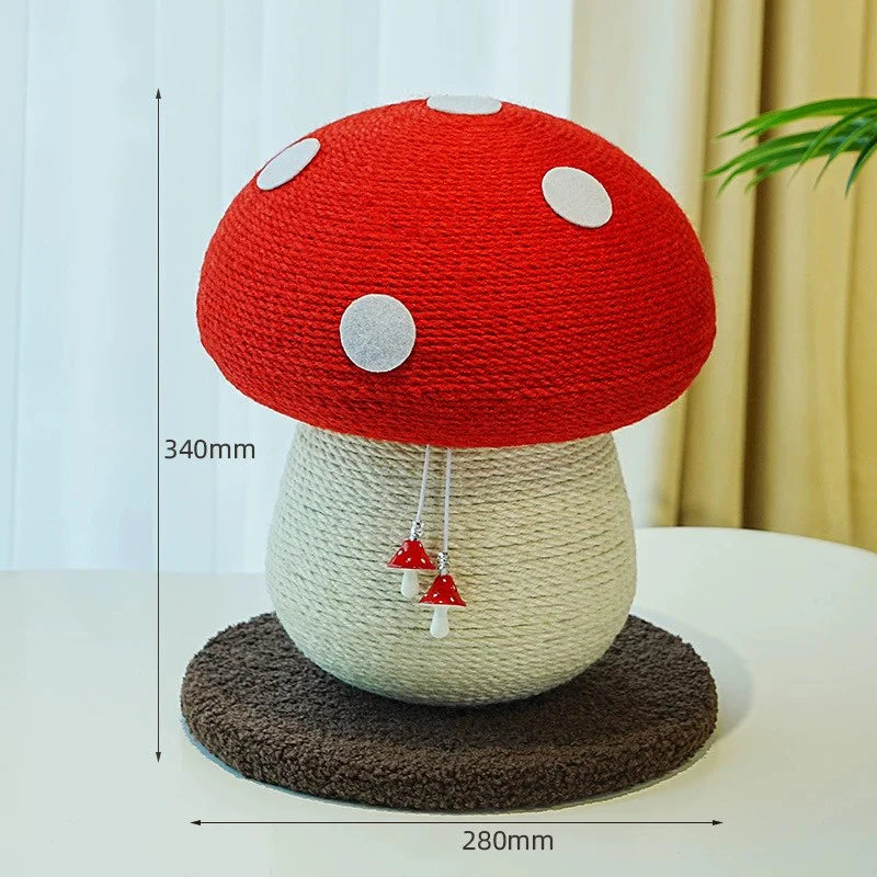 Dimensions of a compact version of the red mushroom cat scratching post, measuring 340mm by 280mm, featuring two charming dangling mini mushroom toys for extra play.