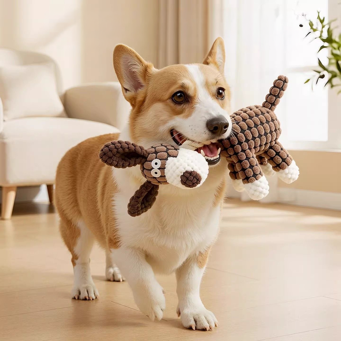 A happy Corgi proudly carrying the brown Bubble Farm plush dog toy in its mouth, showcasing the satisfying, soft sensory bubble texture.