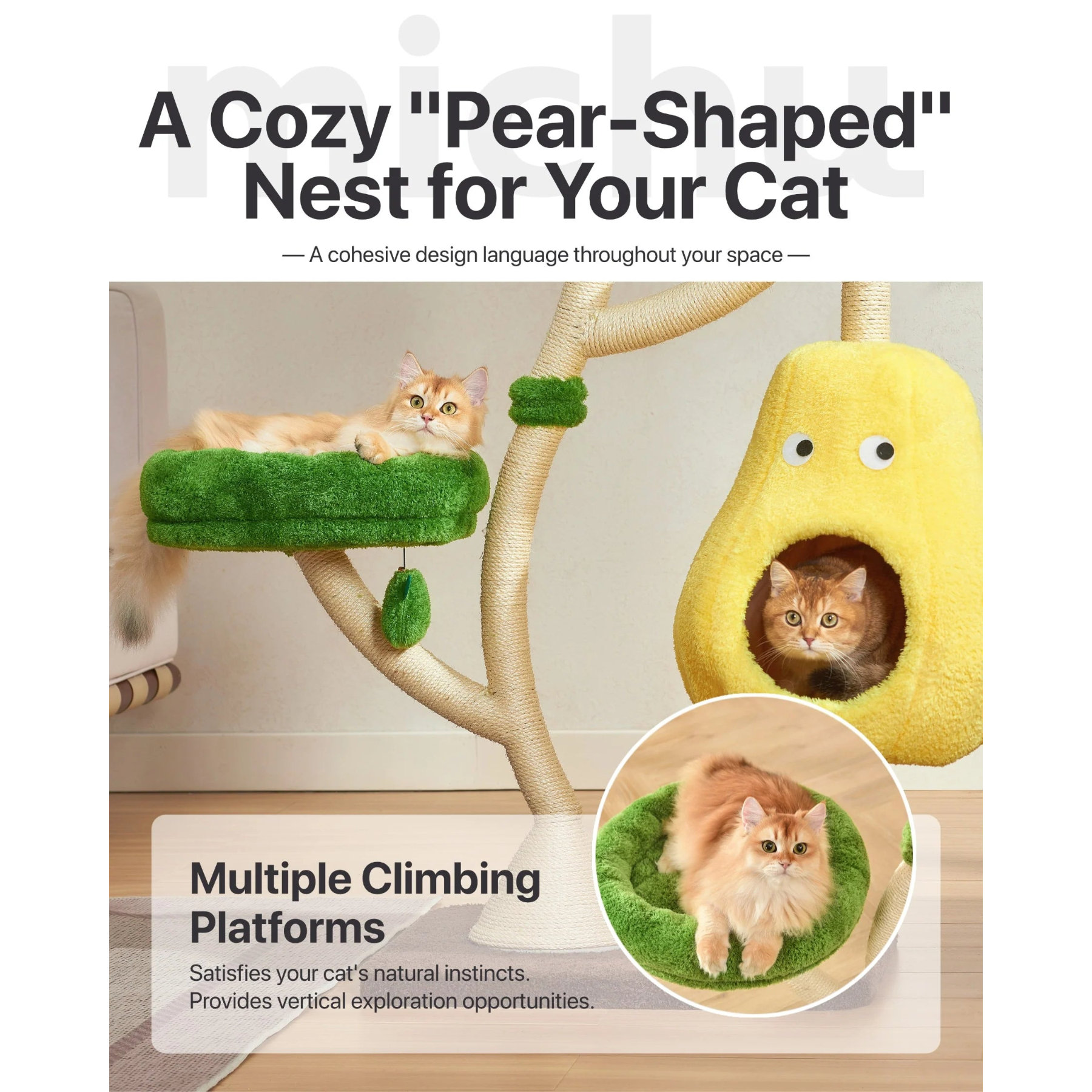 A cozy yellow pear-shaped cat nest and avocado-green plush climbing platforms on the Michu Verde cat tree. Provides vertical exploration and a secure, whimsical hideaway for cats.