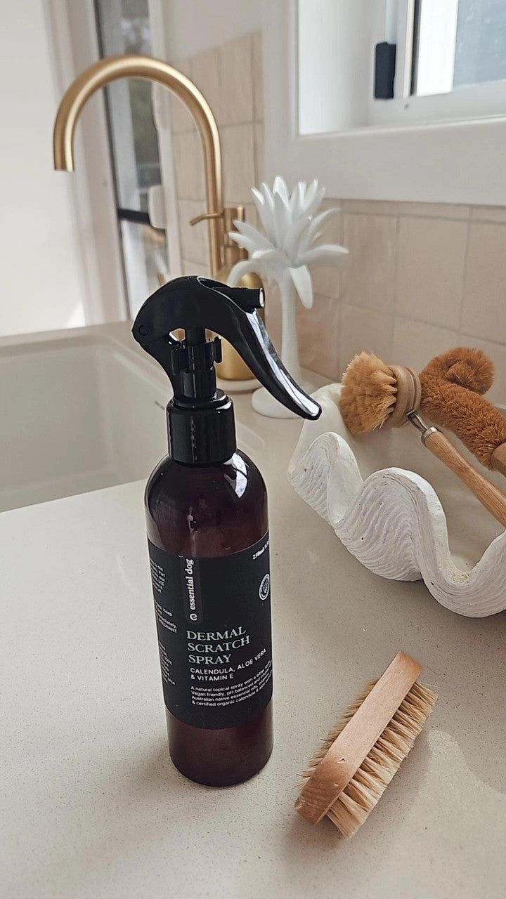 The Dermal Scratch Spray placed on a bathroom counter next to a wooden brush. A daily essential for protecting your dog&