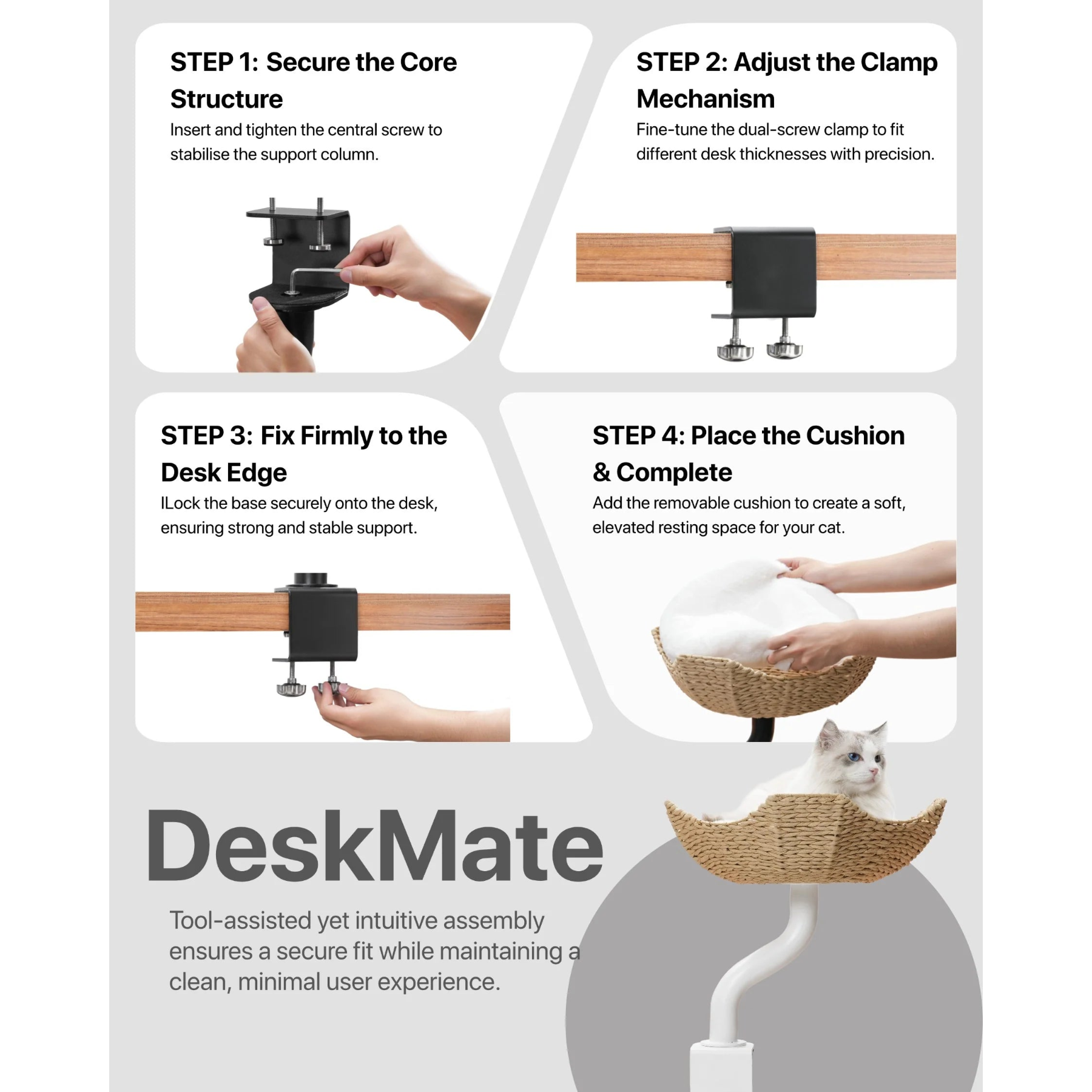 Four-step assembly guide for the DeskMate: secure the core structure, adjust the clamp mechanism, fix firmly to the desk edge, and place the cushion.