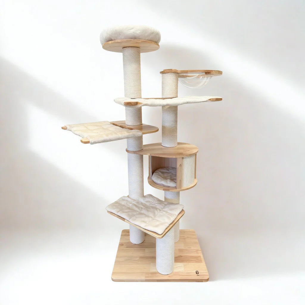 The premium TORA 2501 PRO solid wood cat tree, showcasing its sturdy formaldehyde-free base, multiple soft plush cushions, and furniture-grade craftsmanship designed safely for multi-cat households.