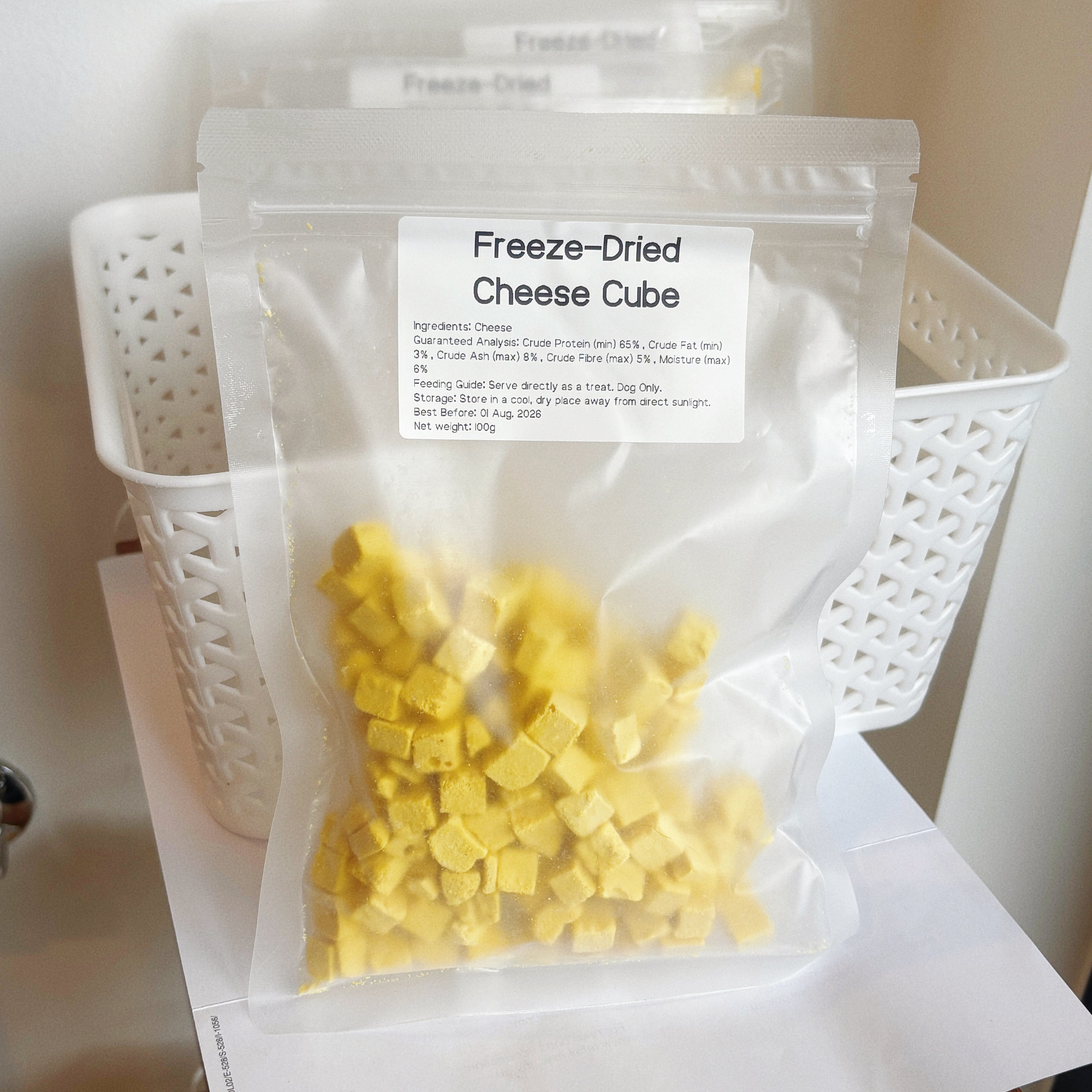 A 100g bag of Lejoyee Freeze-Dried Cheese Cubes, 65% protein, shelf-stable real cheese treats made in Australia.