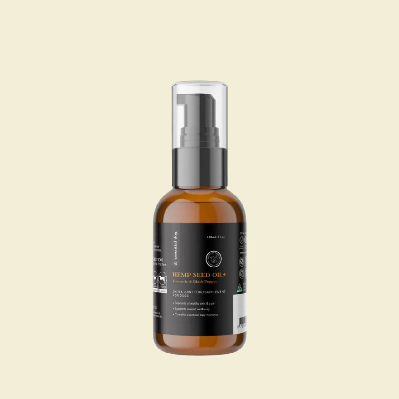 Front view of the 100ml Essential Dog Hemp Seed Oil+ bottle with a black pump, highlighting the Turmeric and Black Pepper formula for dog skin and joint support.