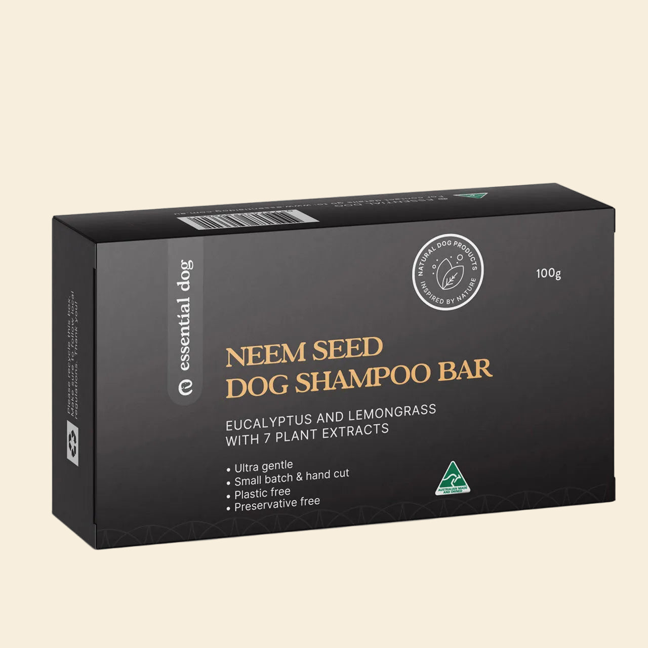 100g box of Essential Dog Neem Seed Shampoo Bar. A handcrafted, plastic-free solid bar scented with eucalyptus and lemongrass for a zero-waste, antibacterial wash