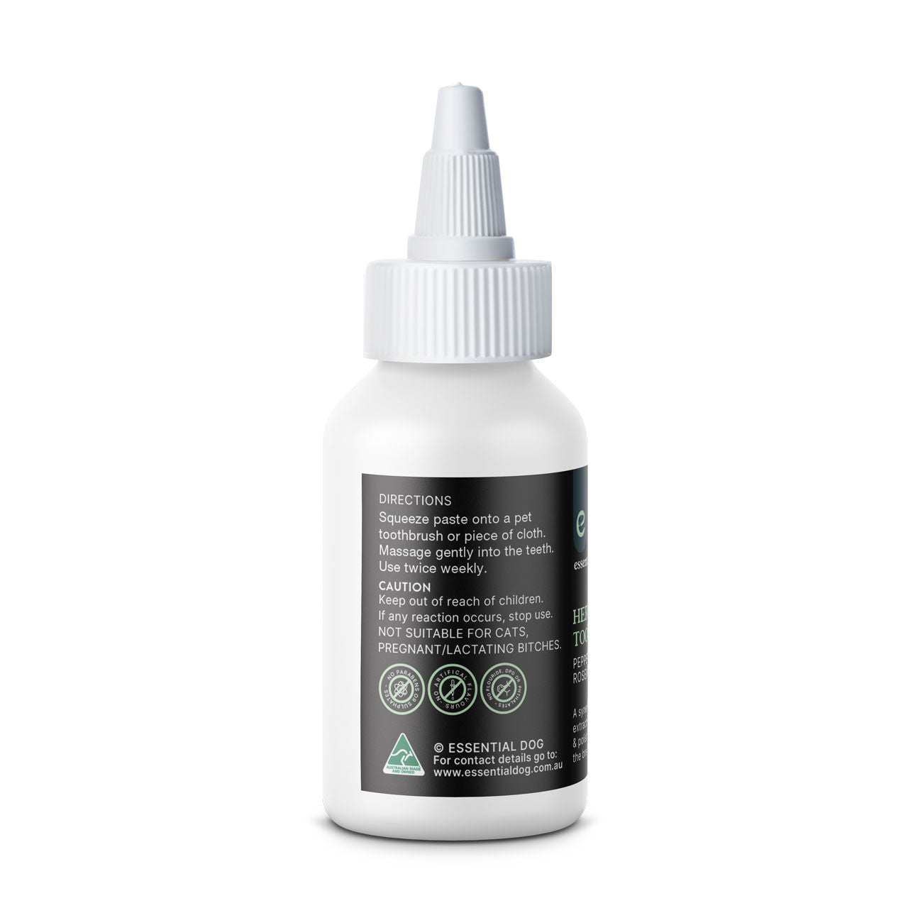 Side view of the Essential Dog Herbal Dog Toothpaste bottle, displaying directions for use, the Australian Made logo, and caution notes including that it is not suitable for cats or pregnant and lactating dogs.