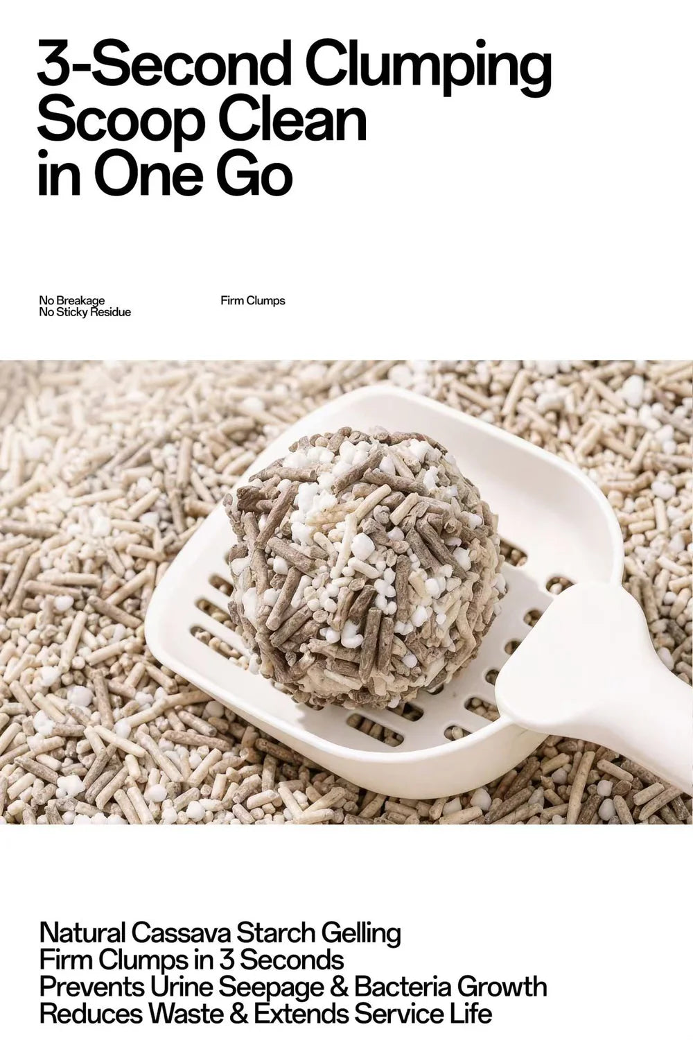 A white litter scoop holding a firm, round clump of FluffyMW cassava cat litter, demonstrating its 3-second fast clumping ability without sticky residue.