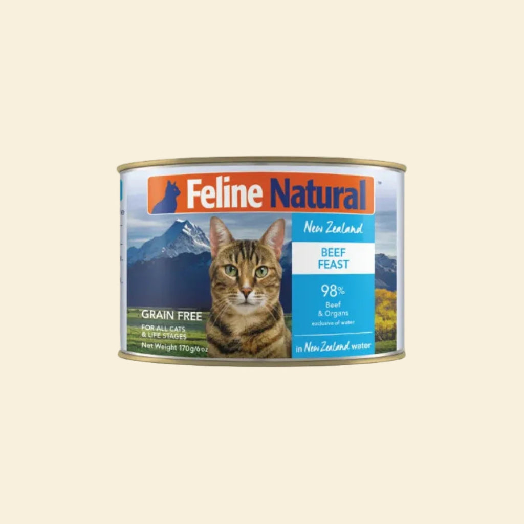 Front view of Feline Natural Beef Feast grain-free wet cat food in a 170g can