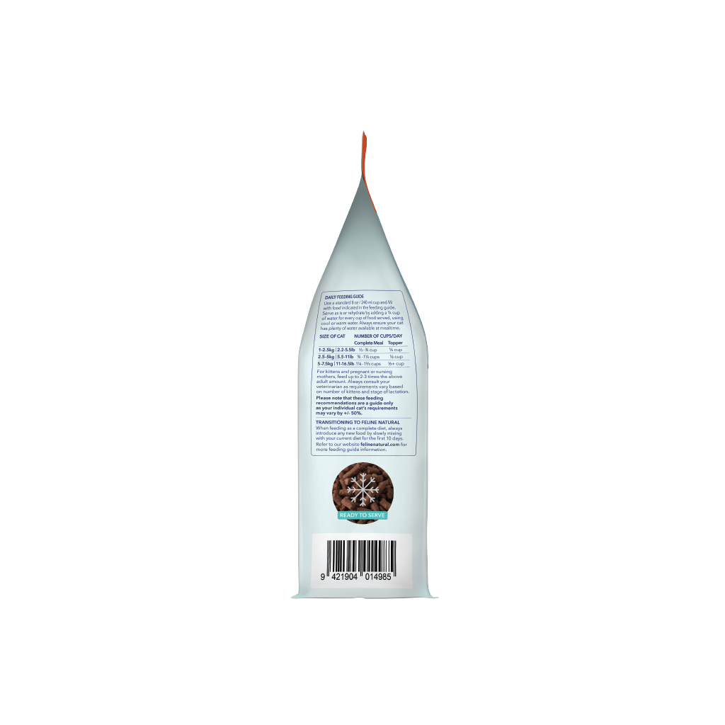 Side view of Feline Natural Beef & Hoki Feast freeze-dried cat food showing feeding and transition instructions