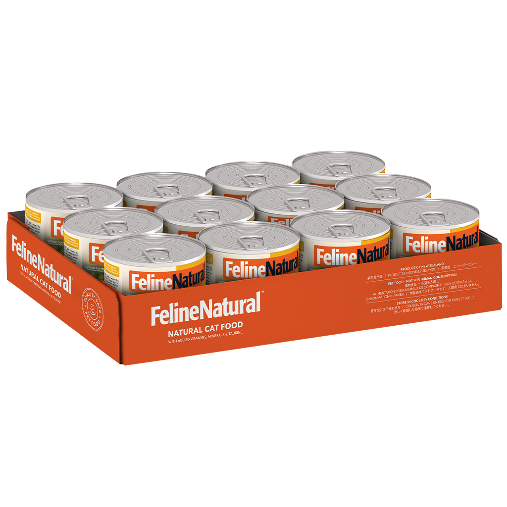 Twelve cans of Feline Natural Chicken Feast wet cat food in a display tray