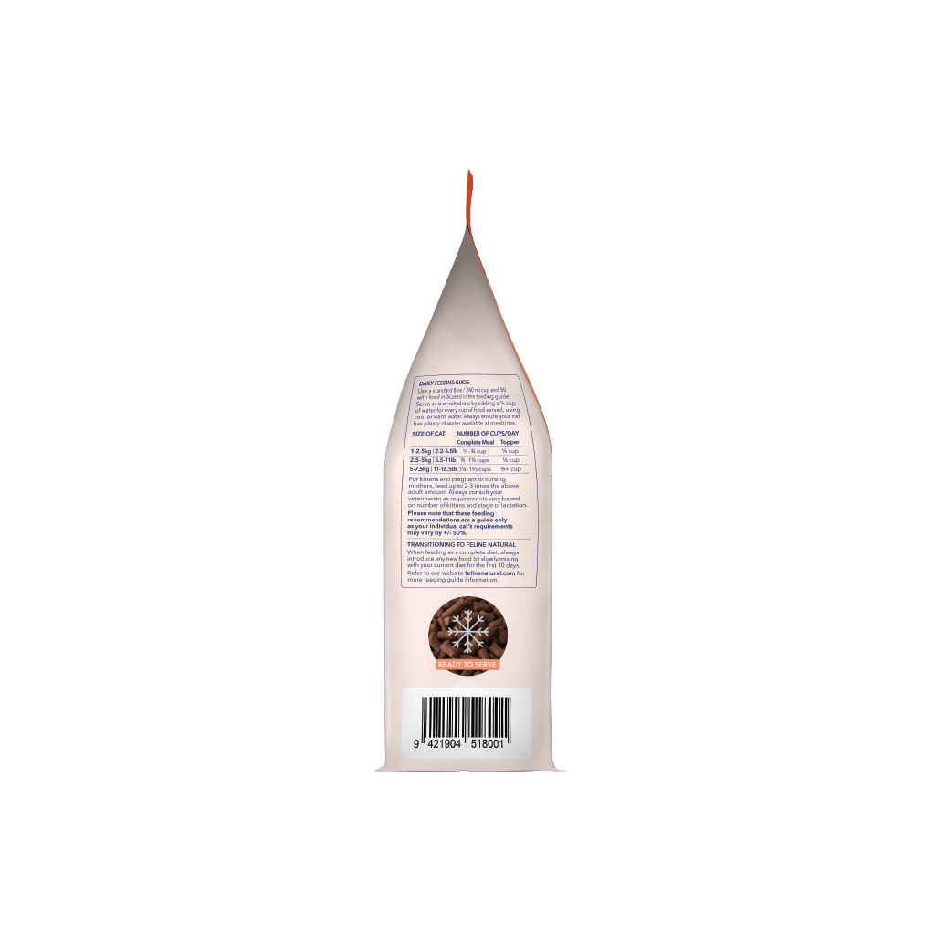 Side view of Feline Natural Lamb & King Salmon freeze-dried cat food showing feeding and transition instructions