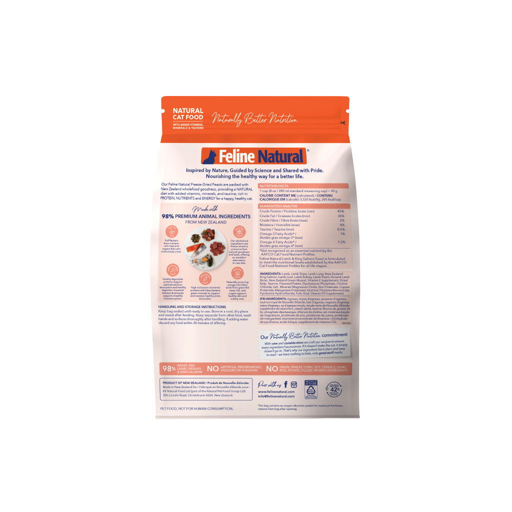 Back view of Feline Natural Lamb & King Salmon freeze-dried cat food showing ingredients and guaranteed analysis