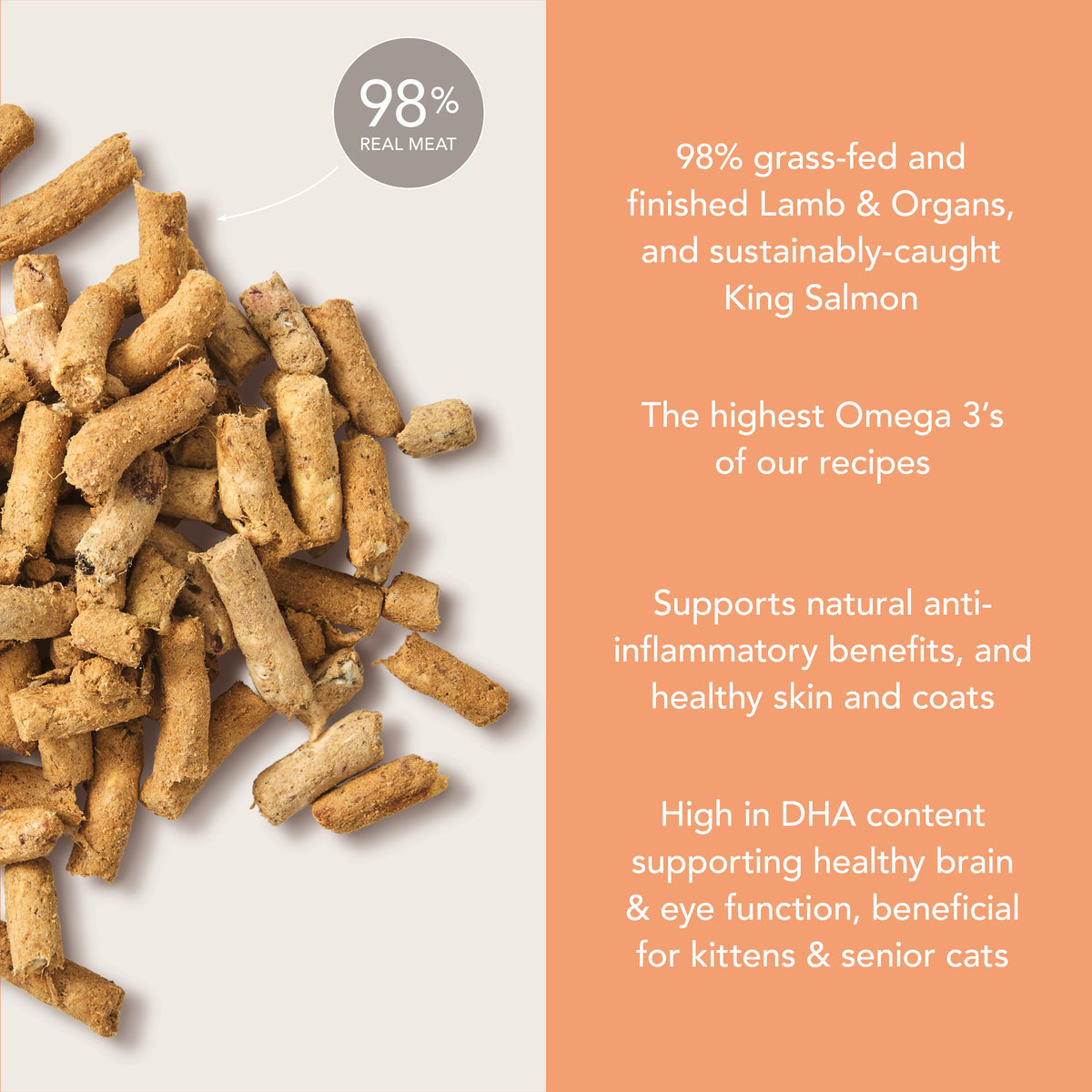 Feline Natural Lamb & King Salmon freeze-dried pieces highlighting Omega-3 and DHA benefits