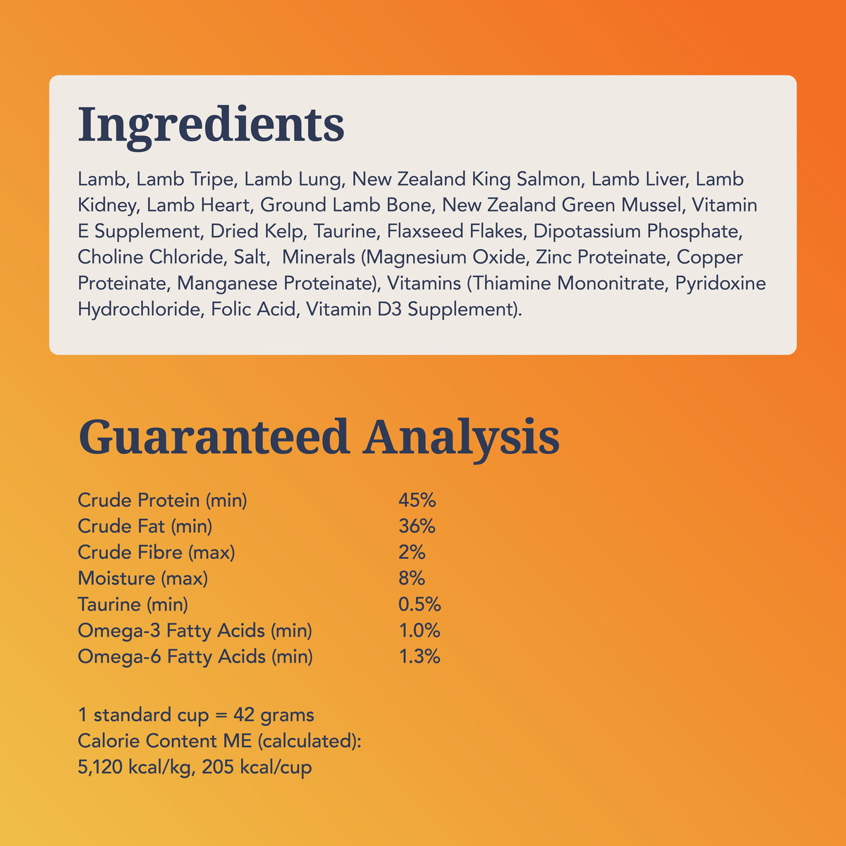 Feline Natural Lamb & King Salmon ingredients, guaranteed analysis and calorie information