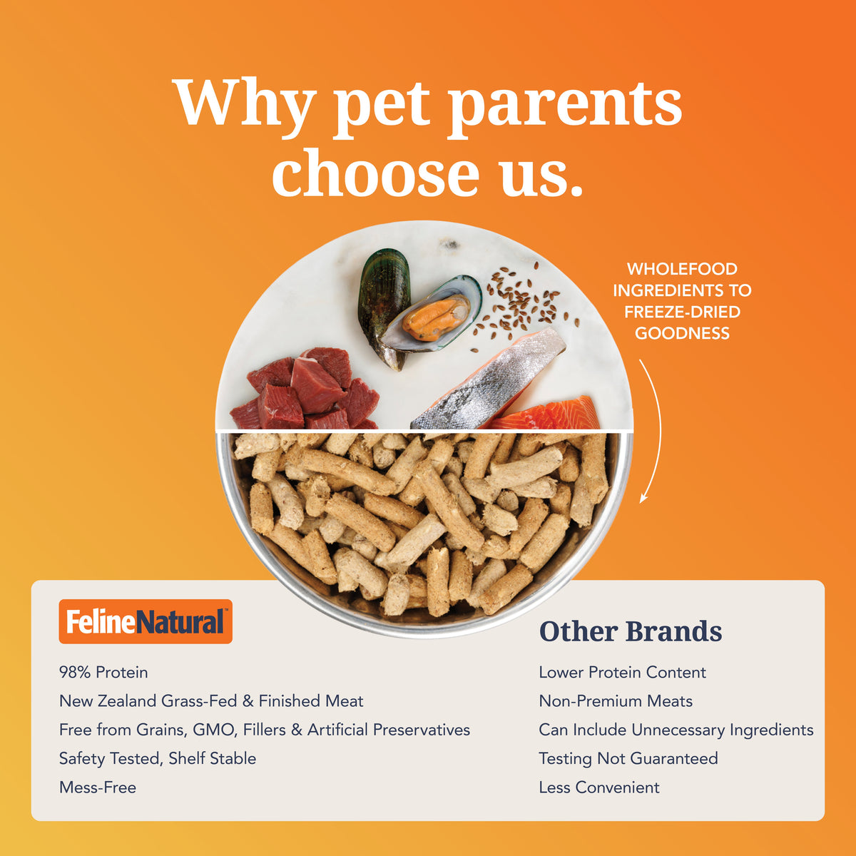 Wholefood lamb, King Salmon and green mussel ingredients used in Feline Natural freeze-dried cat food