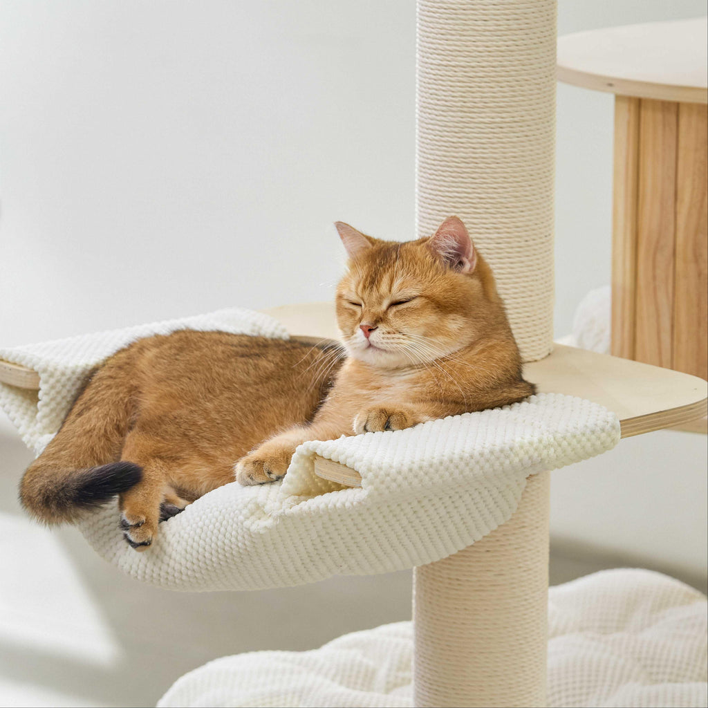 A ginger cat lying lazily on the attached soft fabric hammock bed of the cat tree.
