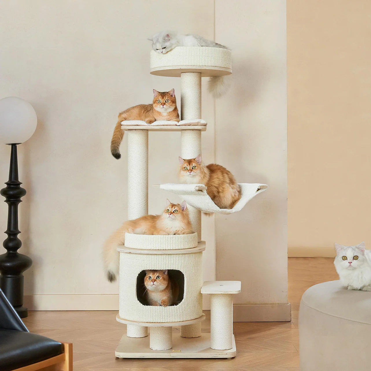 Five cats simultaneously resting and playing on the heavy-duty Michu Luna Solid Wood Cat Tree. Showcasing extreme wobble-free stability for multi-cat households.