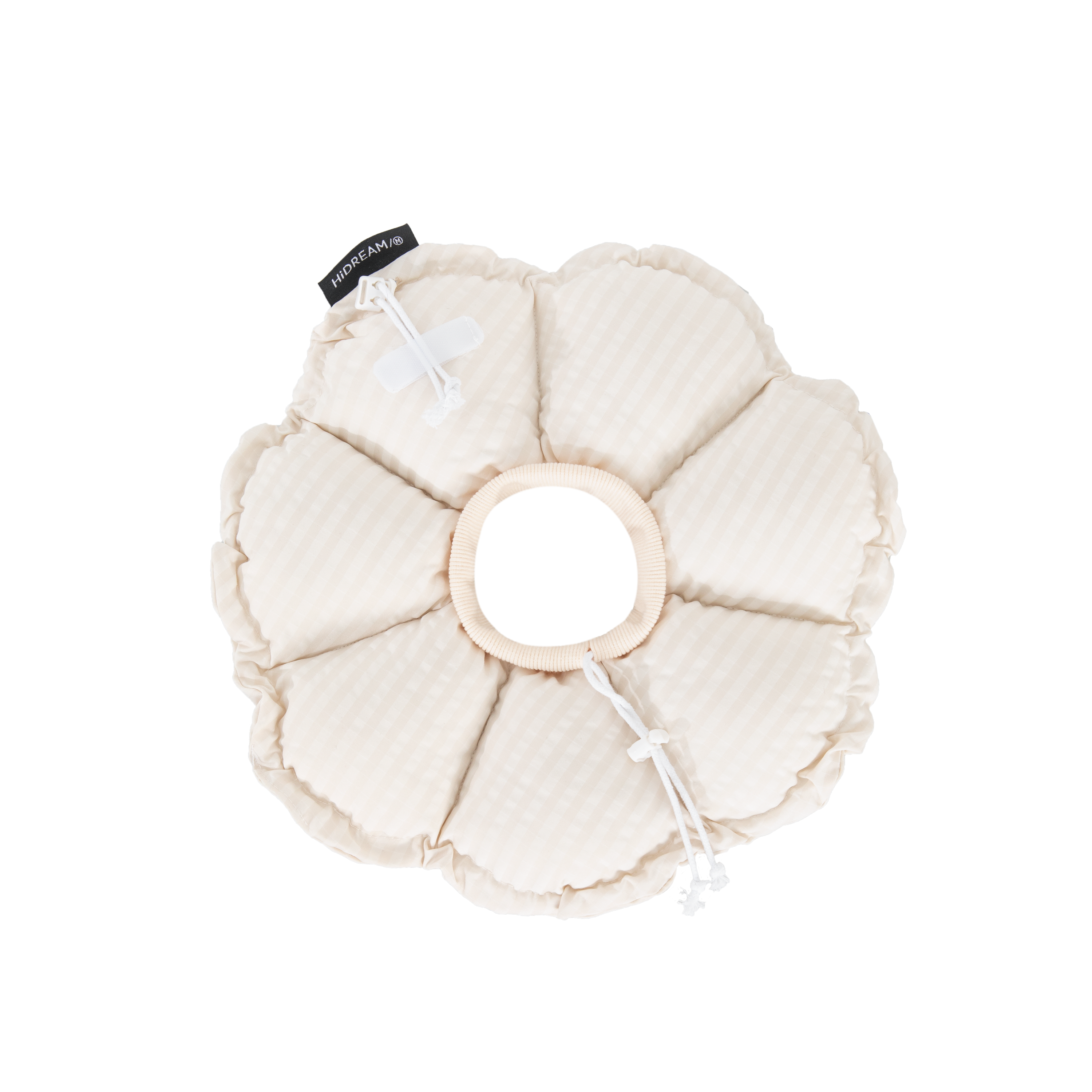 Flat lay of the Albumen White HiDREAM Gingham Flower Recovery Collar on a solid light background, featuring the adjustable drawstring.