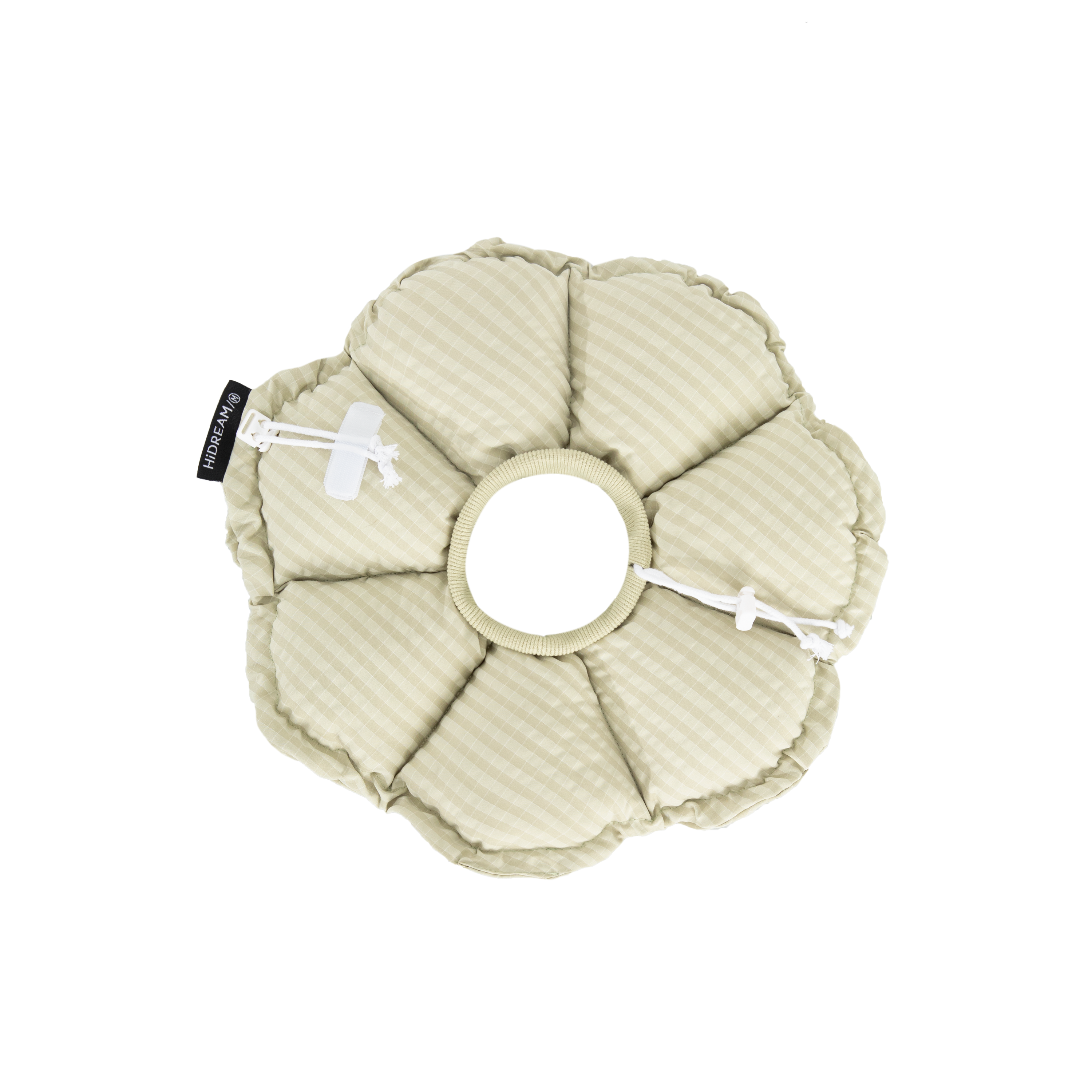 The Lime Green HiDREAM gingham flower recovery collar displayed on a solid black background, showcasing the water-repellent fabric.