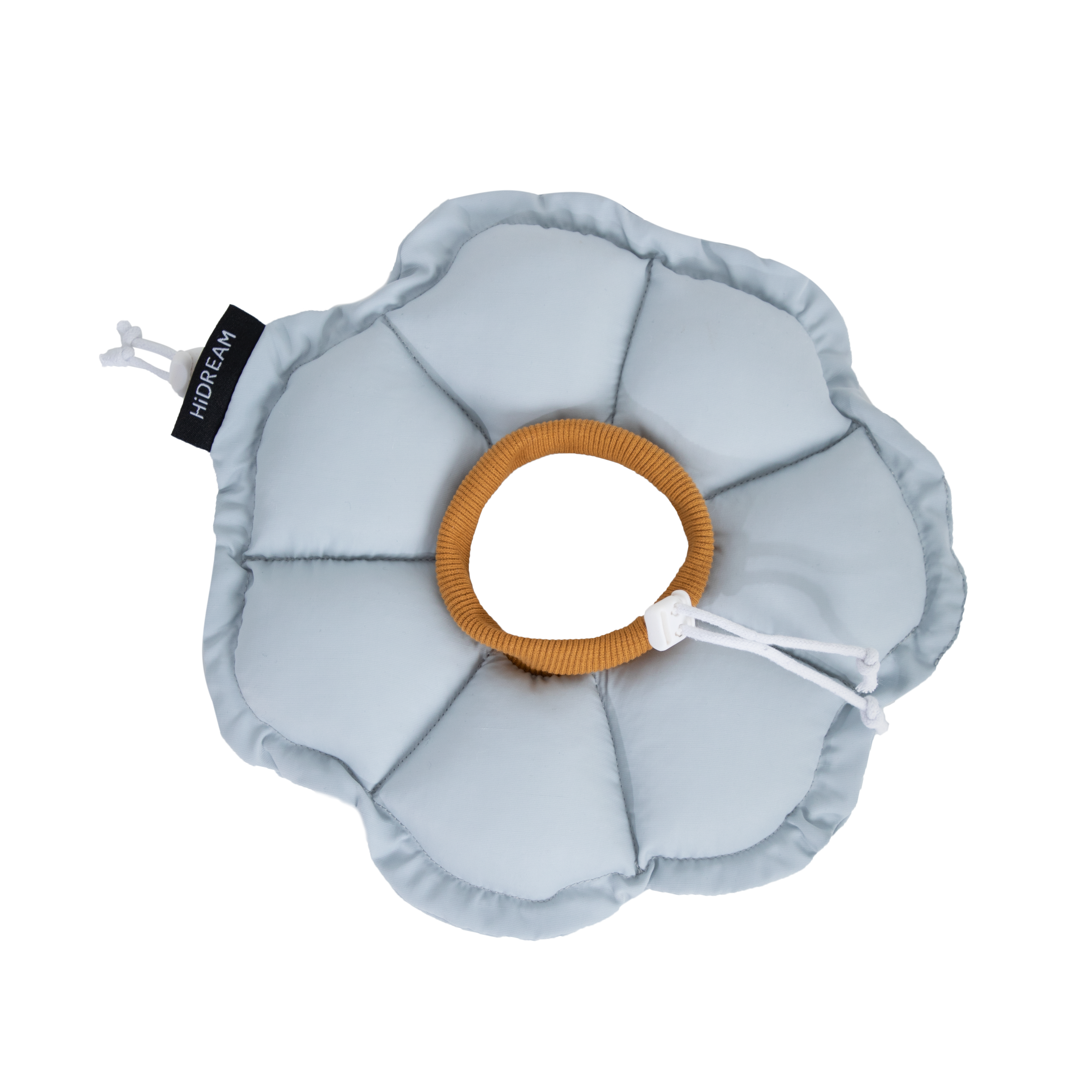 Flat lay of the HiDREAM Upgraded Soft Flower Recovery Collar in Iceland Blue, featuring a cozy ribbed inner neckband and adjustable drawstring on a black background.