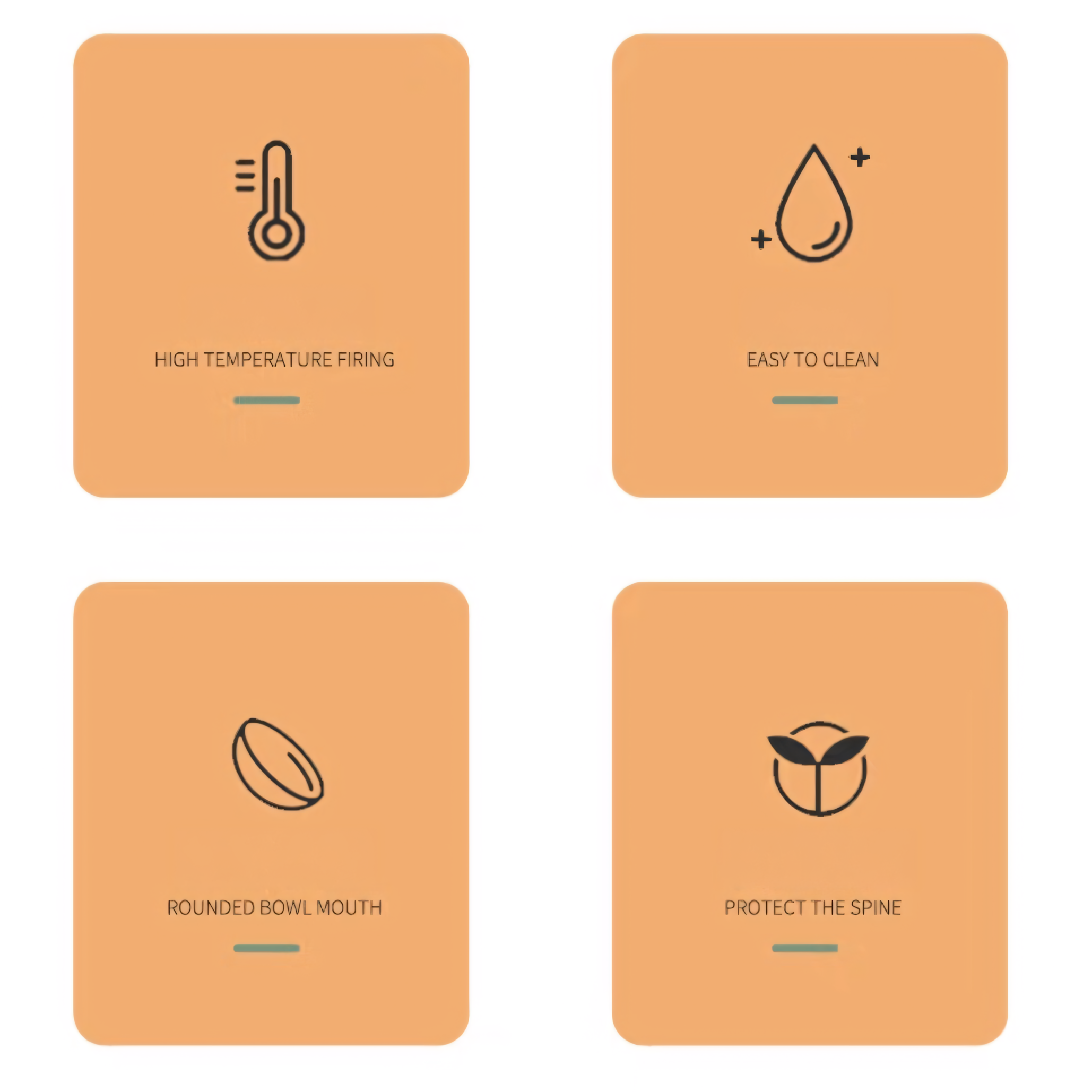 Infographic detailing the four benefits of the Crooked Tail Ceramic Plate: High temperature firing, easy to clean, rounded bowl mouth, and spine protection.