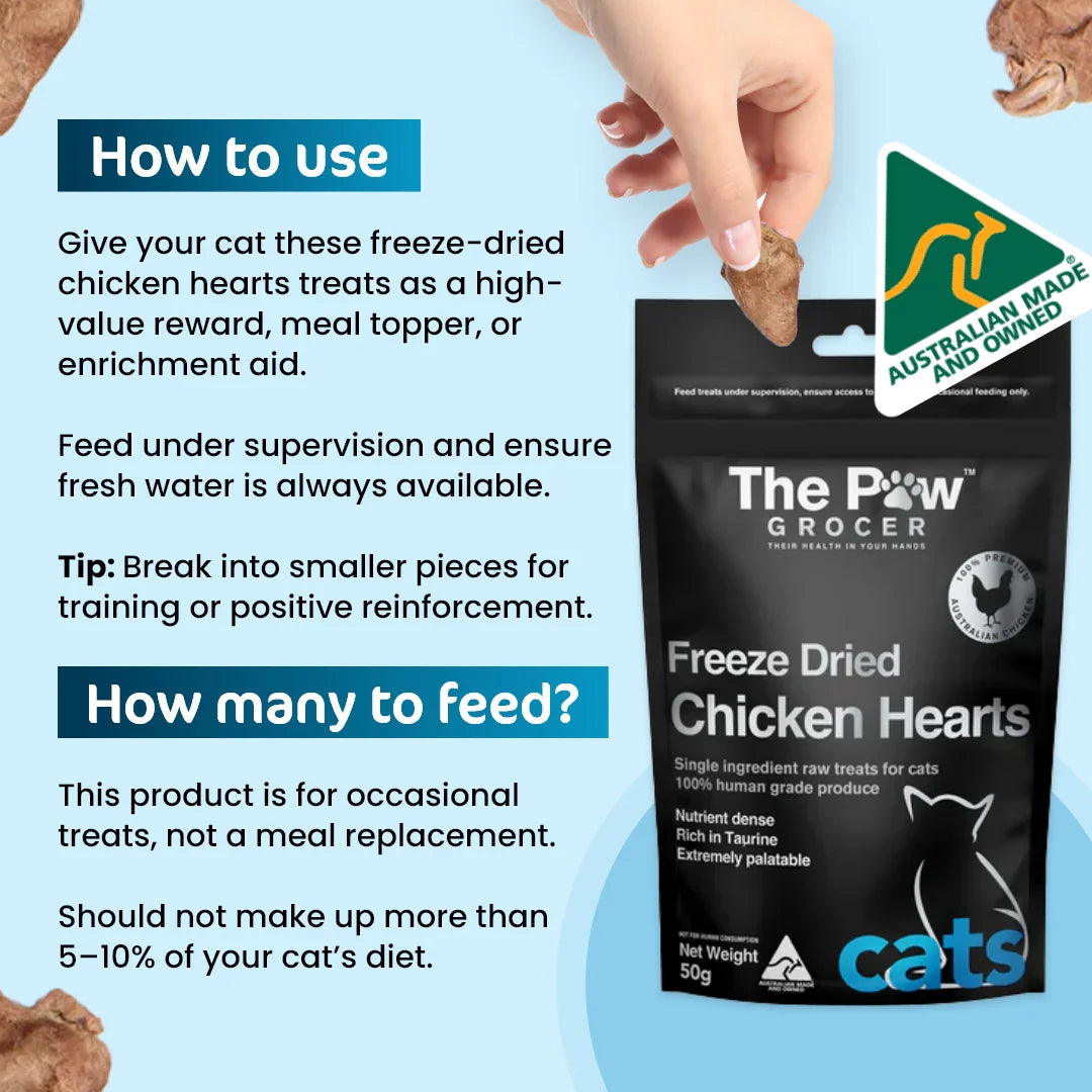 A feeding guide for The Paw Grocer Chicken Hearts, showing how to serve the whole hearts as rewards or crumble them over daily meals as a nutrient-packed topper