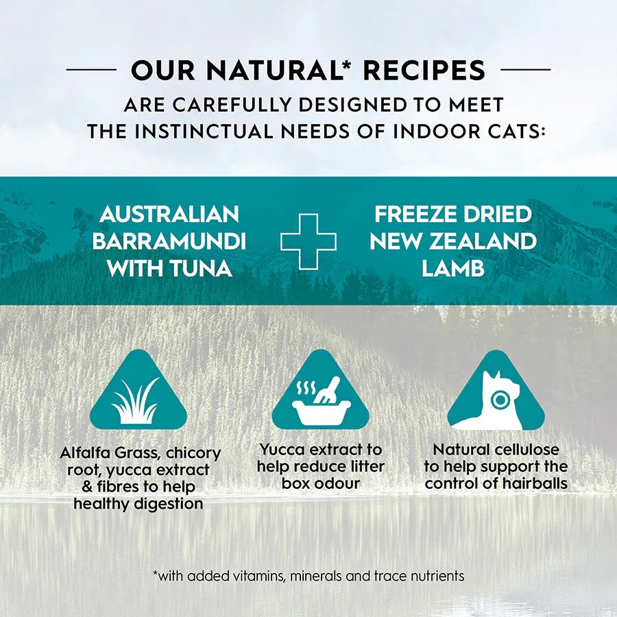 Infographic detailing Trilogy cat food benefits for indoor cats. Formulated with Barramundi and freeze-dried lamb. Features yucca extract to reduce litter box odor, and cellulose for natural hairball control.