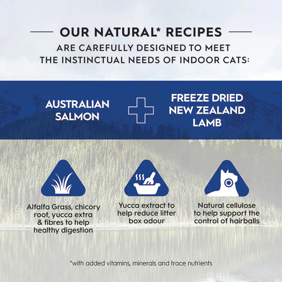 Infographic showing Trilogy cat food benefits for indoor cats: Australian Salmon, Freeze-Dried Lamb, Yucca extract for litter box odor reduction, and natural cellulose for hairball control.