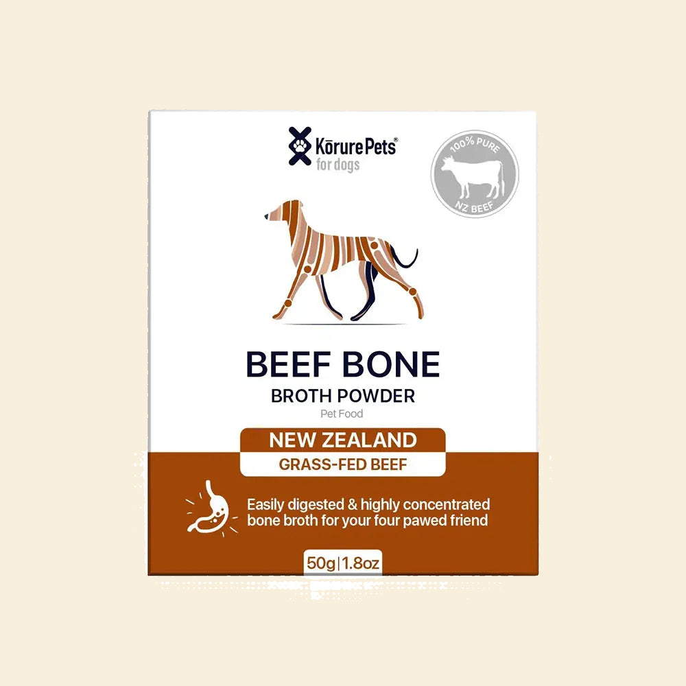 Front packaging of Kōrure Pets Beef Bone Broth Powder for dogs. A 50g box highlighting 100% pure New Zealand grass-fed beef, designed to easily digest and soothe sensitive stomachs.